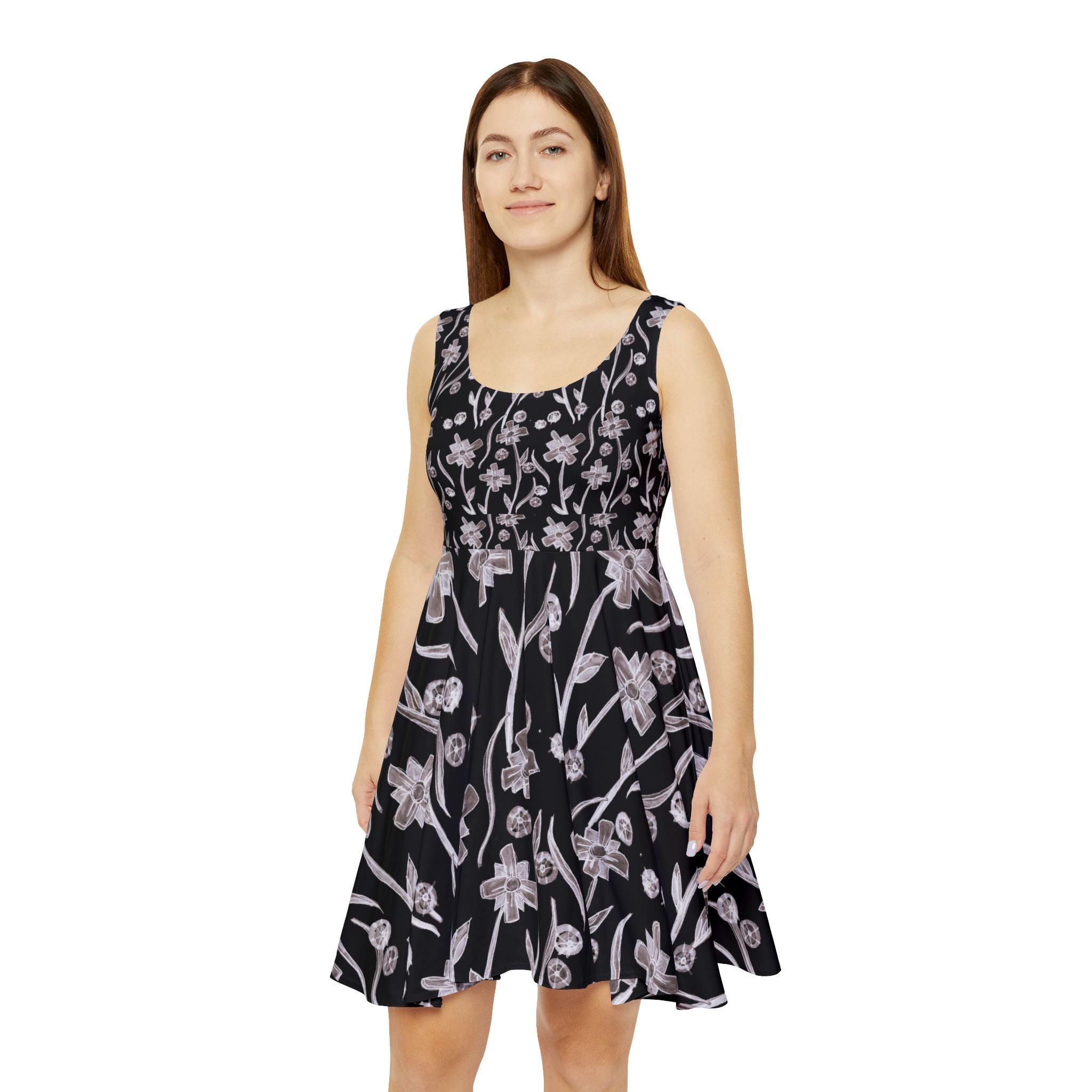 Black Floral Skater Dress — Pink Blossom AOP