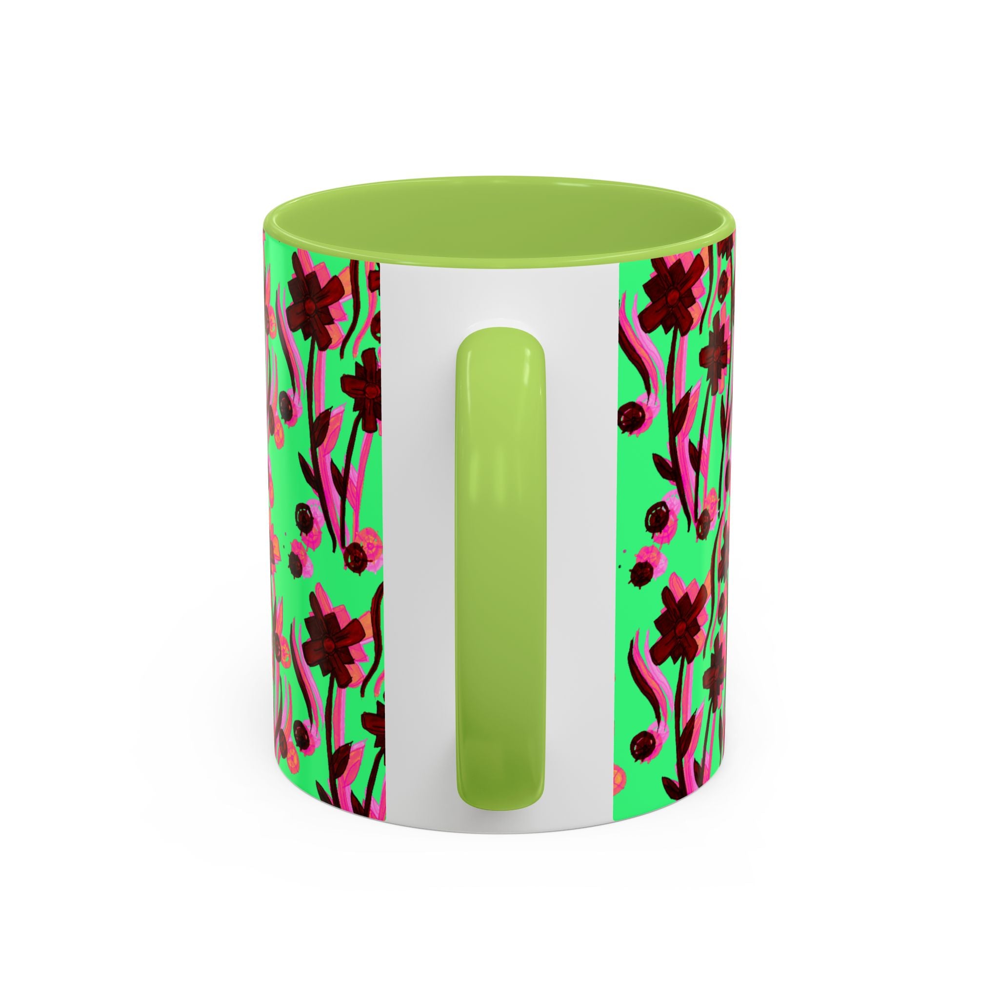 Floral Pop Accent Coffee Mug – Bold Red Flowers on Mint Green (11/15oz)