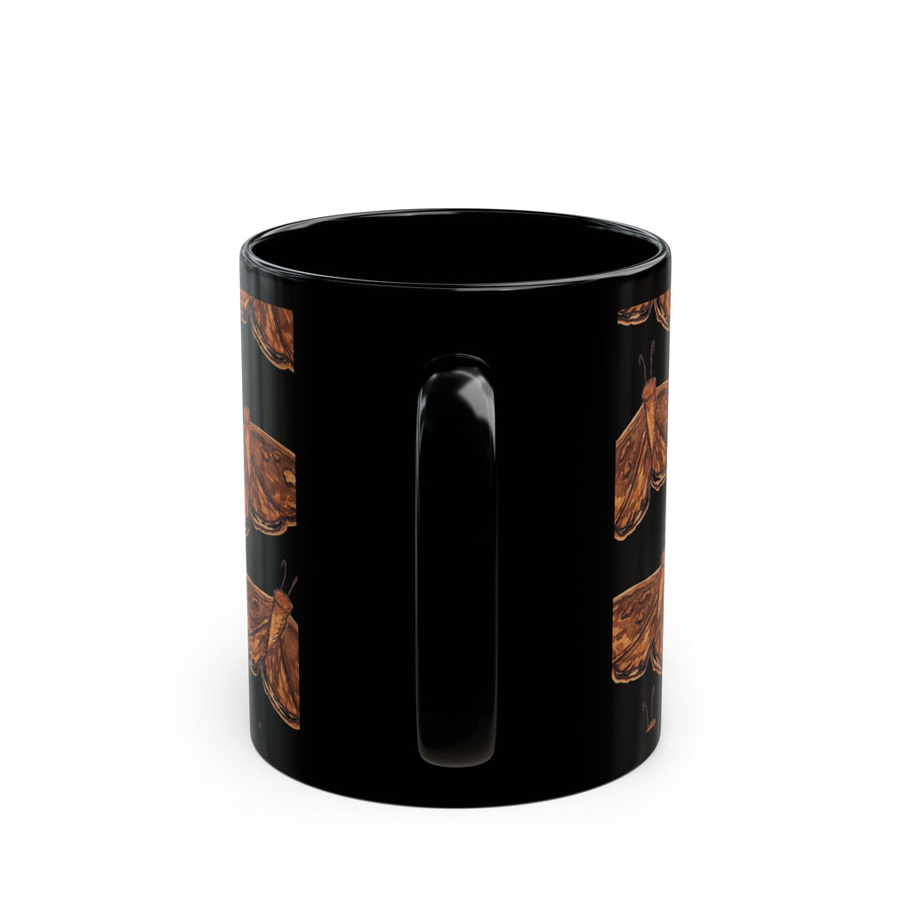 Moth Pattern Black Coffee Mug — Rustic Brown Moth Repeat Design (11oz & 15oz)