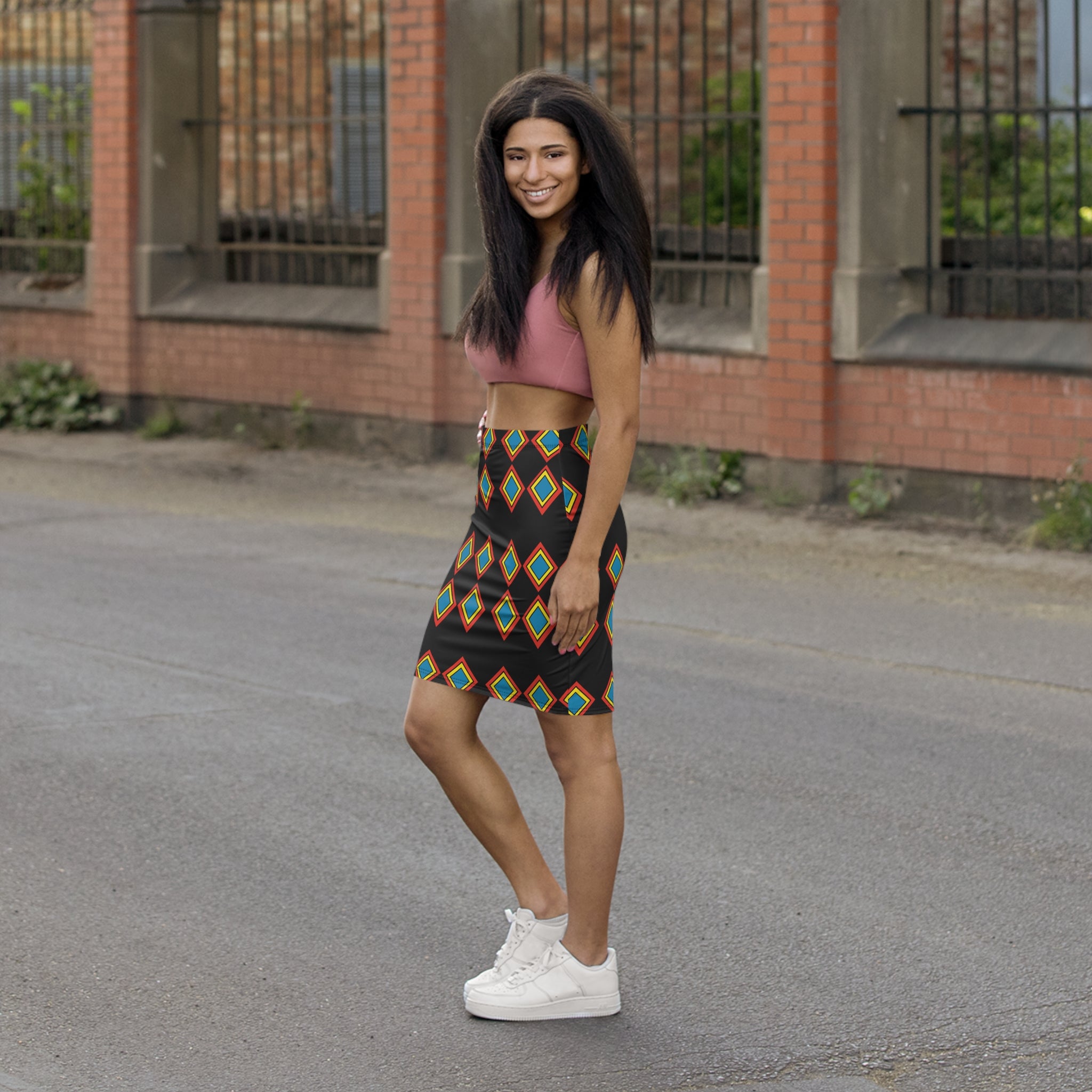 Geometric Diamond Print Pencil Skirt — Bold Black & Multicolor Mid‑Waist