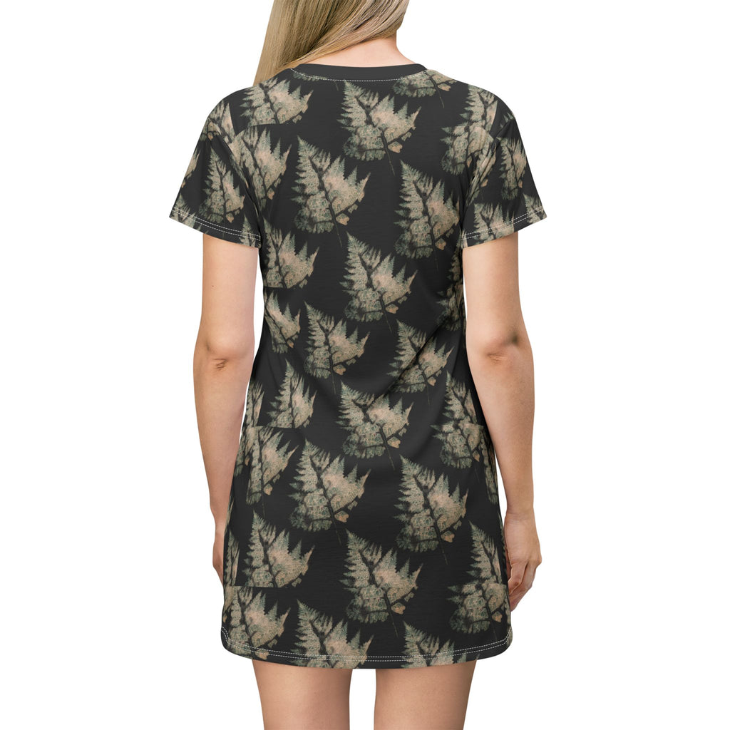 NANCY Print T-Shirt Dress — All-Over leaf Pattern