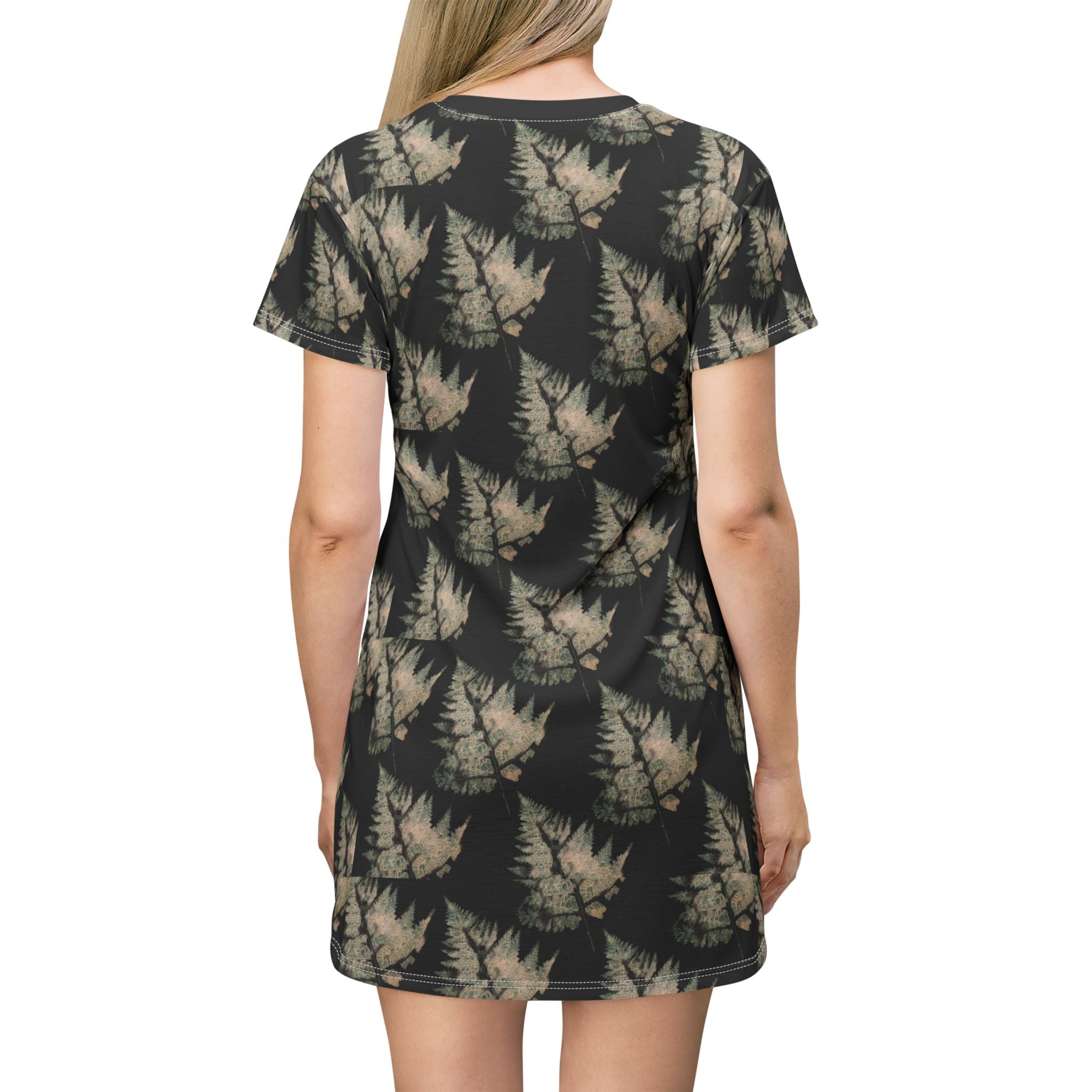 NANCY Print T-Shirt Dress — All-Over leaf Pattern