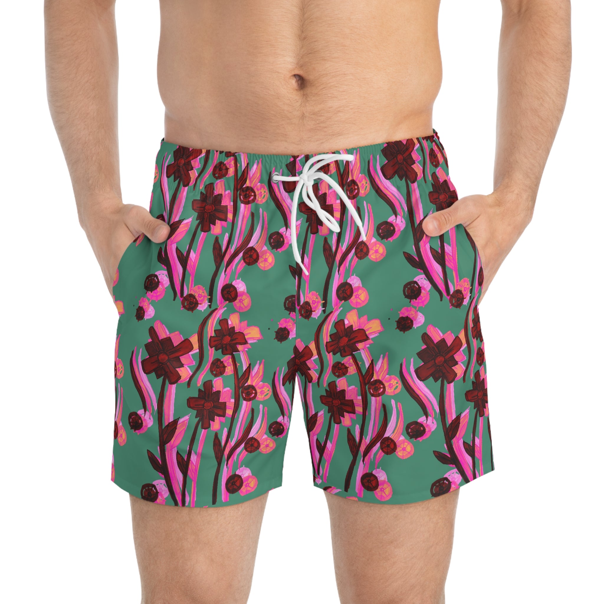 Floral Wave Swim Trunks — Pink & Teal All-Over Print