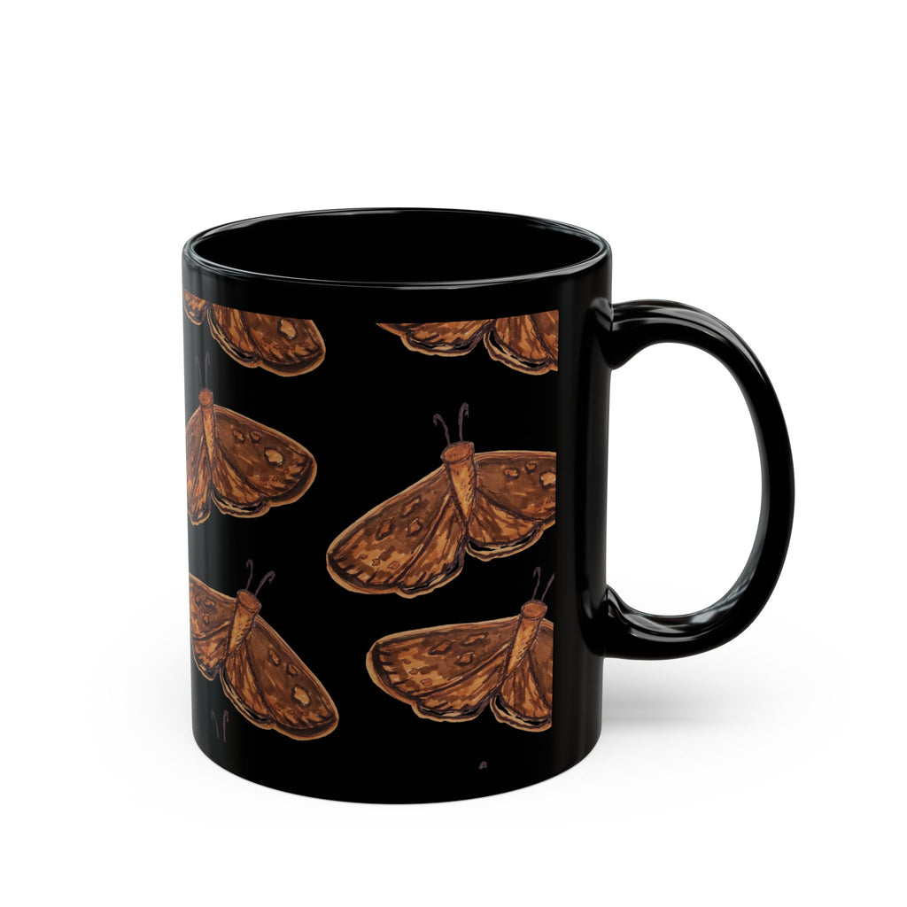 Moth Pattern Black Coffee Mug — Rustic Brown Moth Repeat Design (11oz & 15oz)