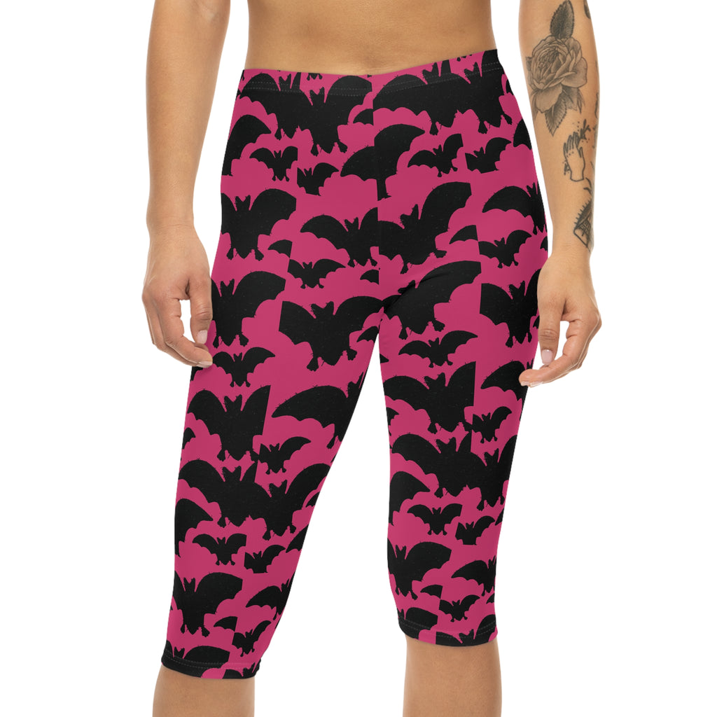 Pink Bat Pattern Capri Leggings — Halloween Gothic Crop Pants