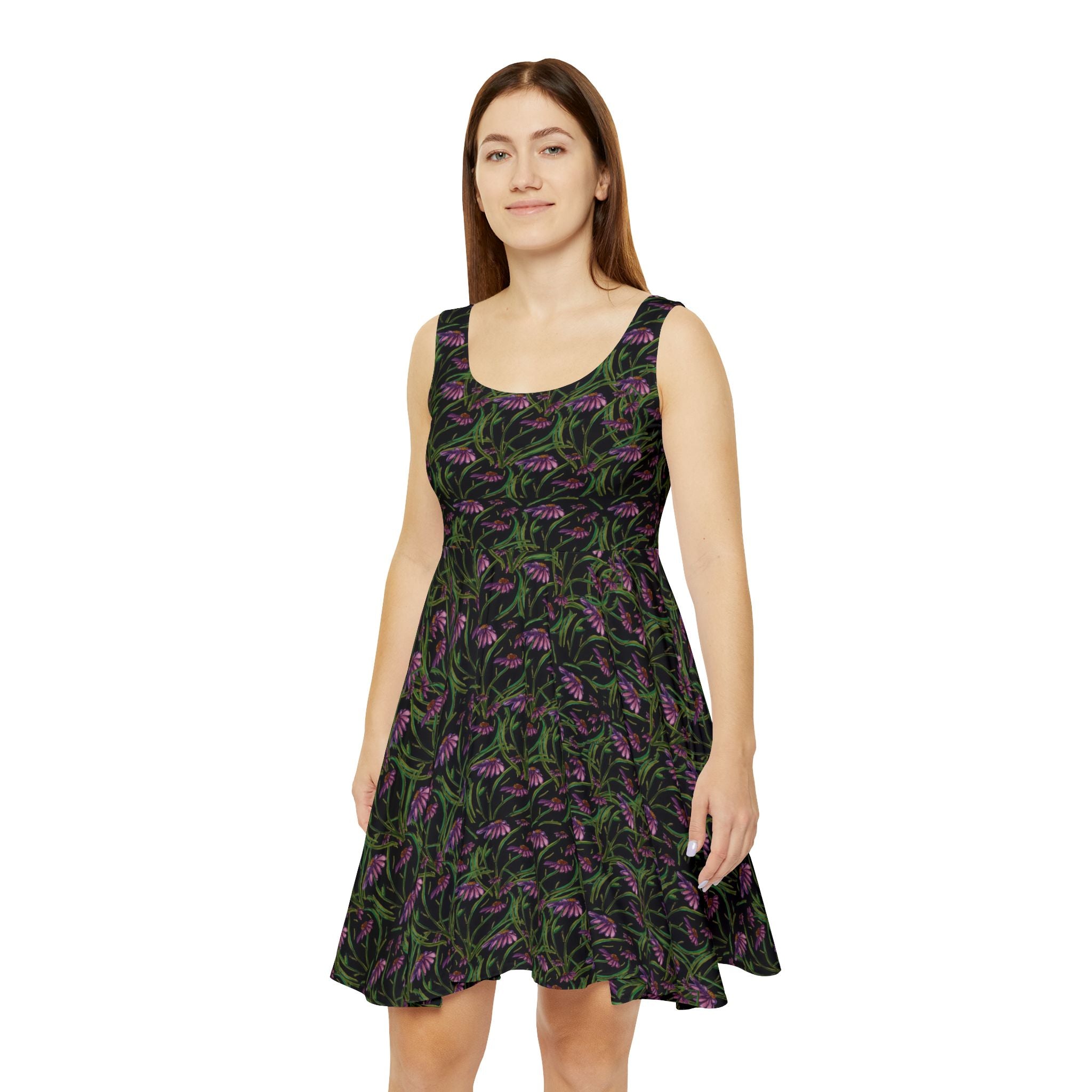 Floral Tulip Skater Dress — Black & Purple All-Over Print