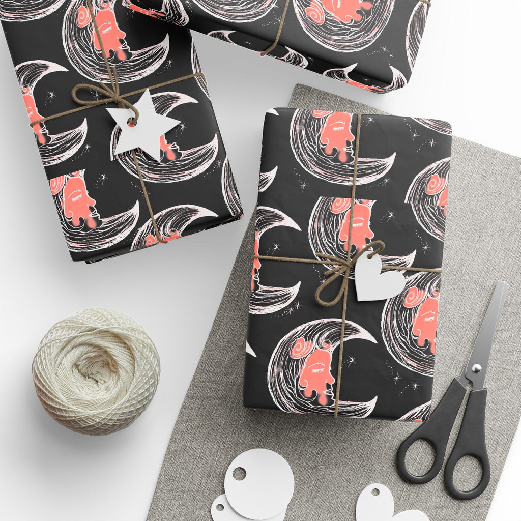 Moon Cat Wrapping Paper – Black & Coral Cat Crescent Gift Wrap