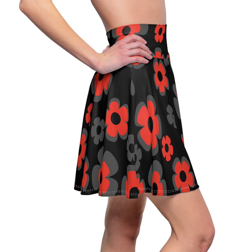 Red & Gray Retro Flower Skater Skirt — 60s Floral AOP
