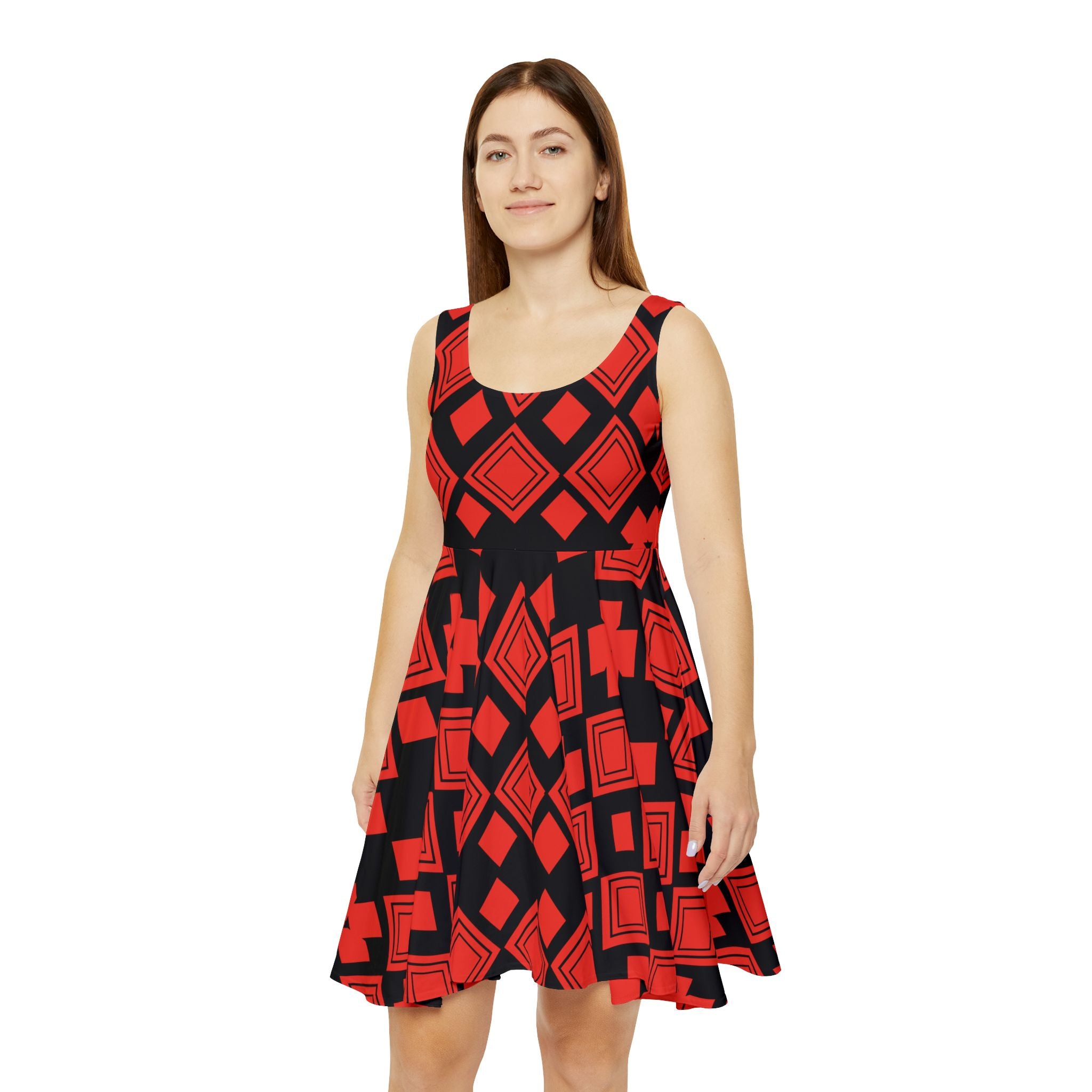 Red Geometric Skater Dress — Bold Diamond & Square Pattern