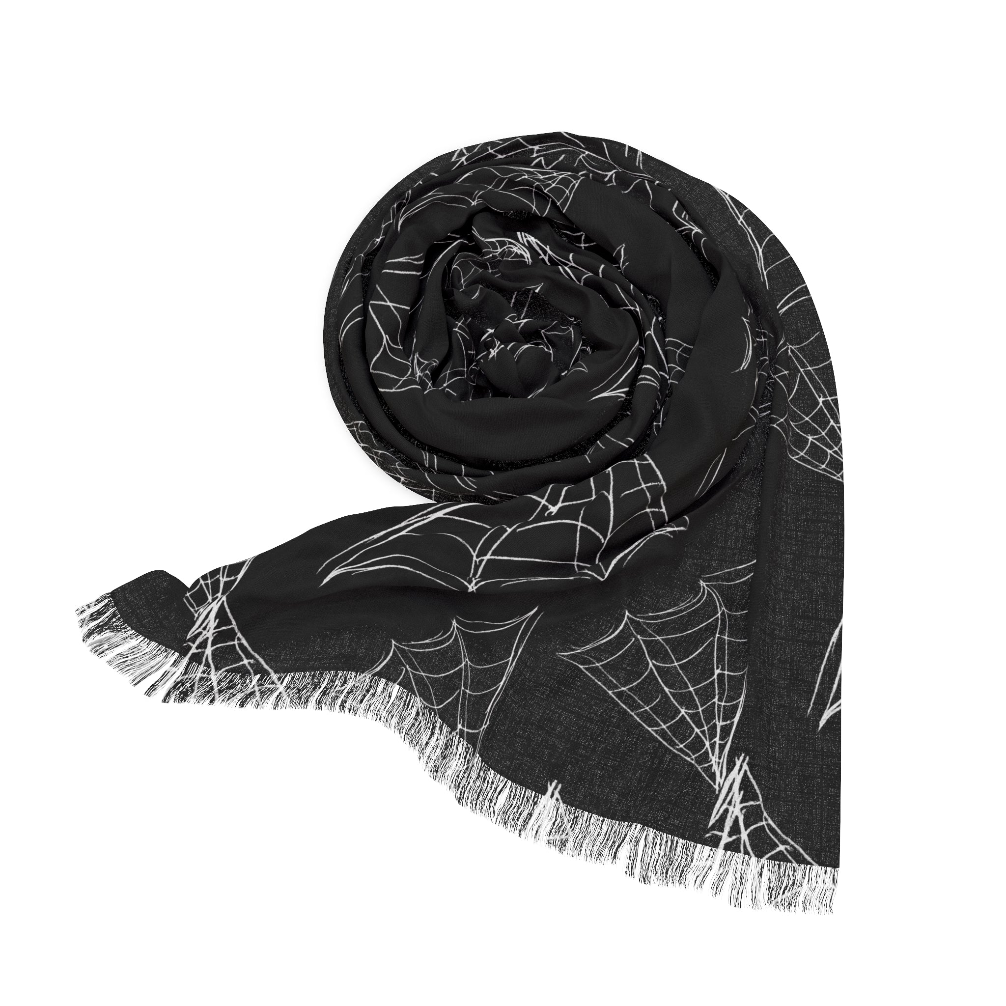 Spiderweb Pattern Lightweight Scarf — Gothic Halloween Black Fringe Wrap