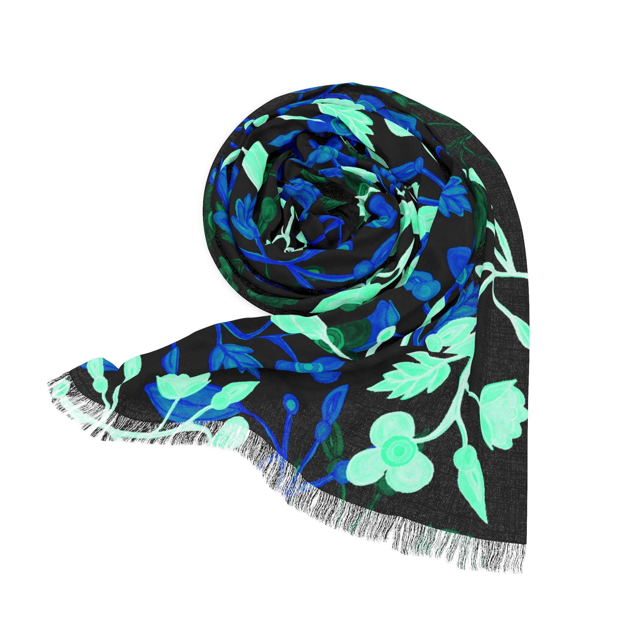 Blue Botanical Light Scarf — Floral Fringe Scarf for Spring & Evening Wear