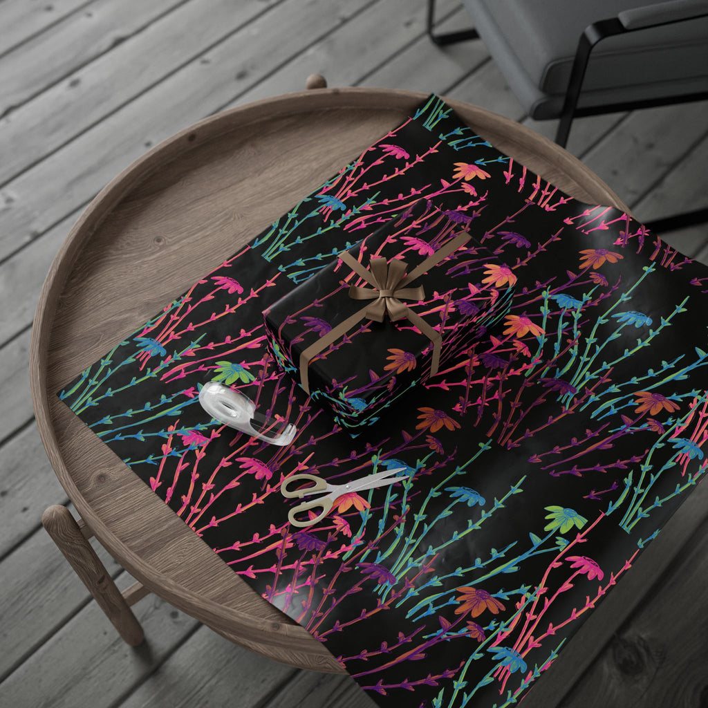 Floral Neon Stems Gift Wrap — Rainbow Wildflower Wrapping Paper on Black