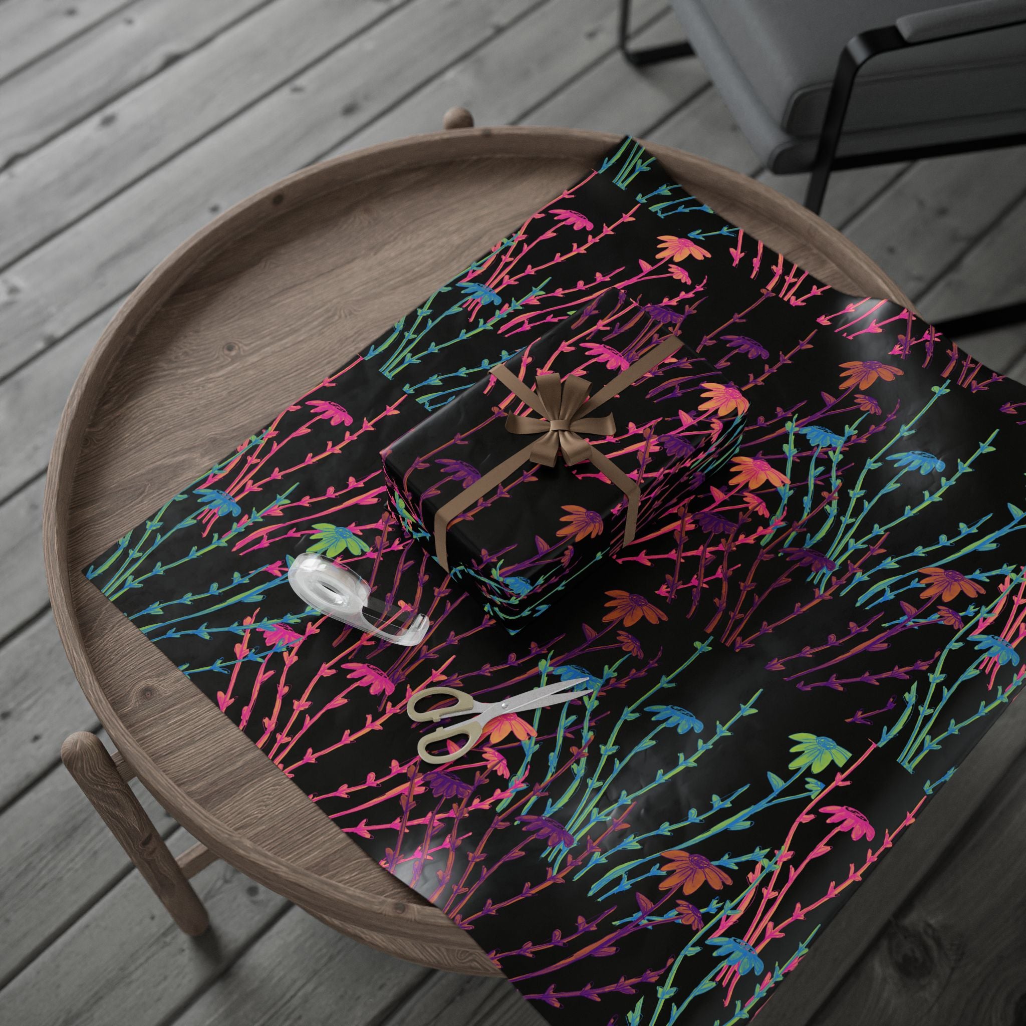 Floral Neon Stems Gift Wrap — Rainbow Wildflower Wrapping Paper on Black
