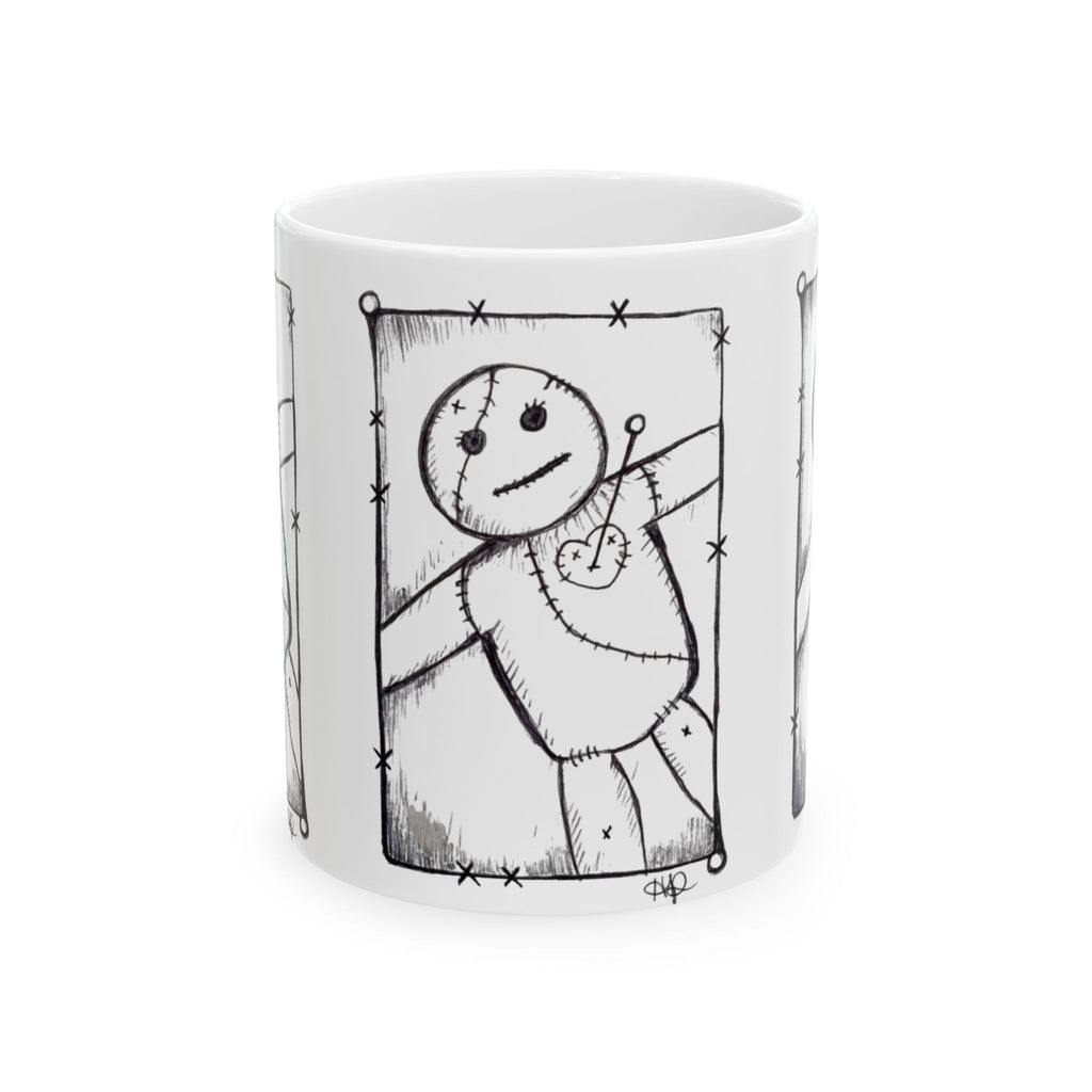 Voodoo Doll Sketch Ceramic Mug – Spooky Gothic Coffee Cup (11oz/15oz)