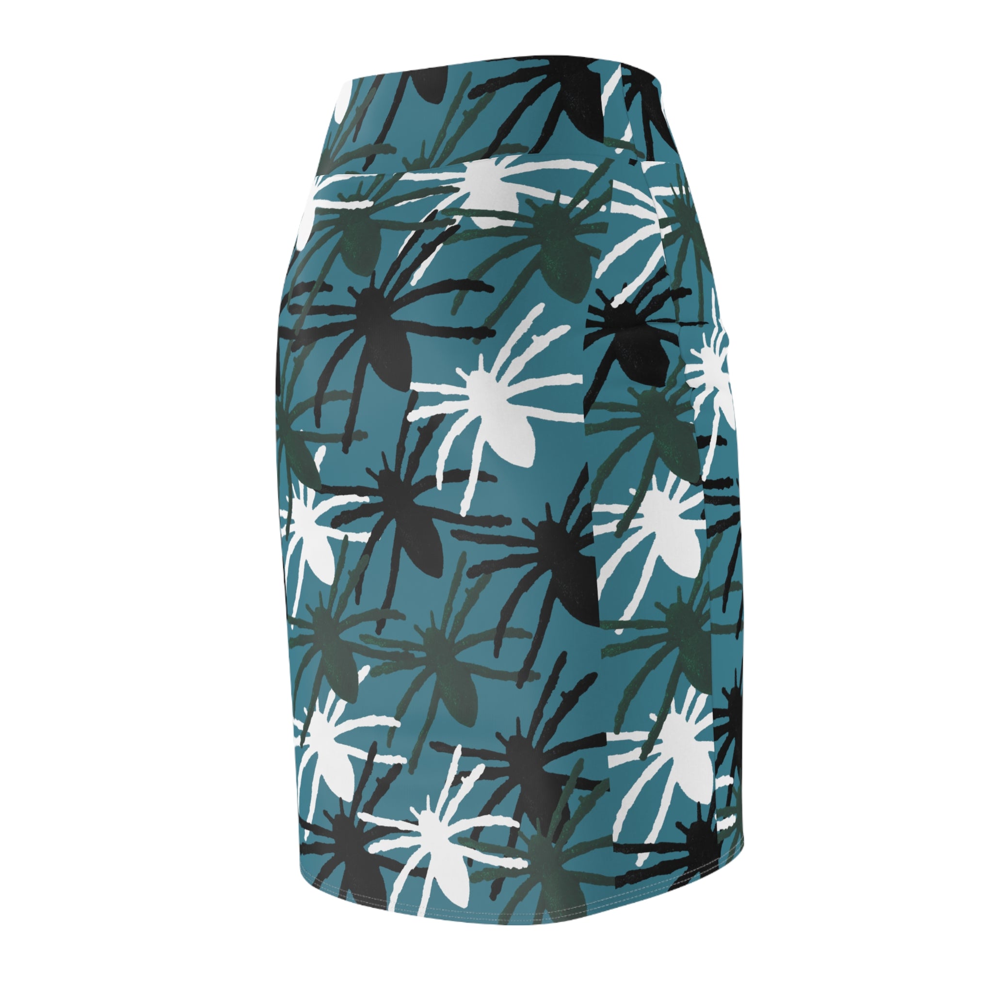 Teal Floral Spiderprint Pencil Skirt — All-Over Print Women’s Skirt