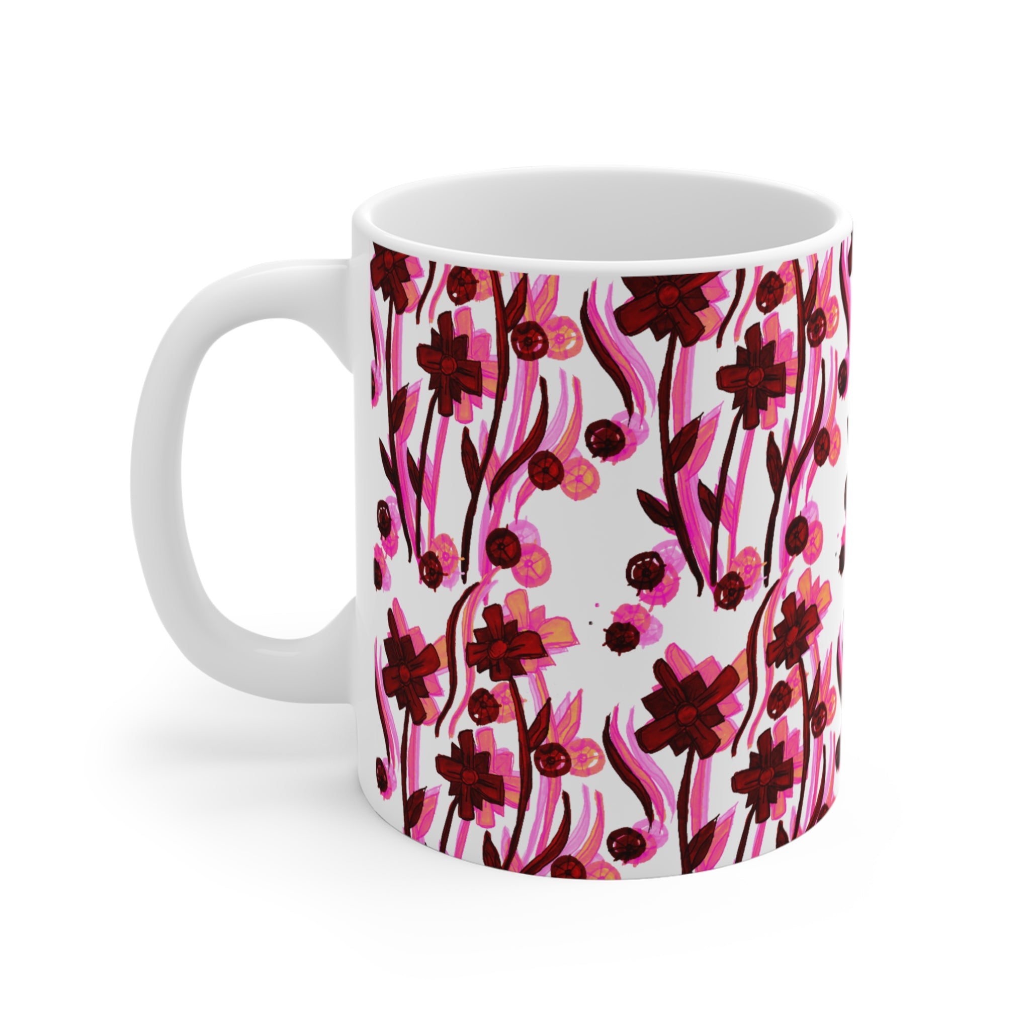 Pink Floral Pattern Coffee Mug — 11oz Artistic Bloom Design