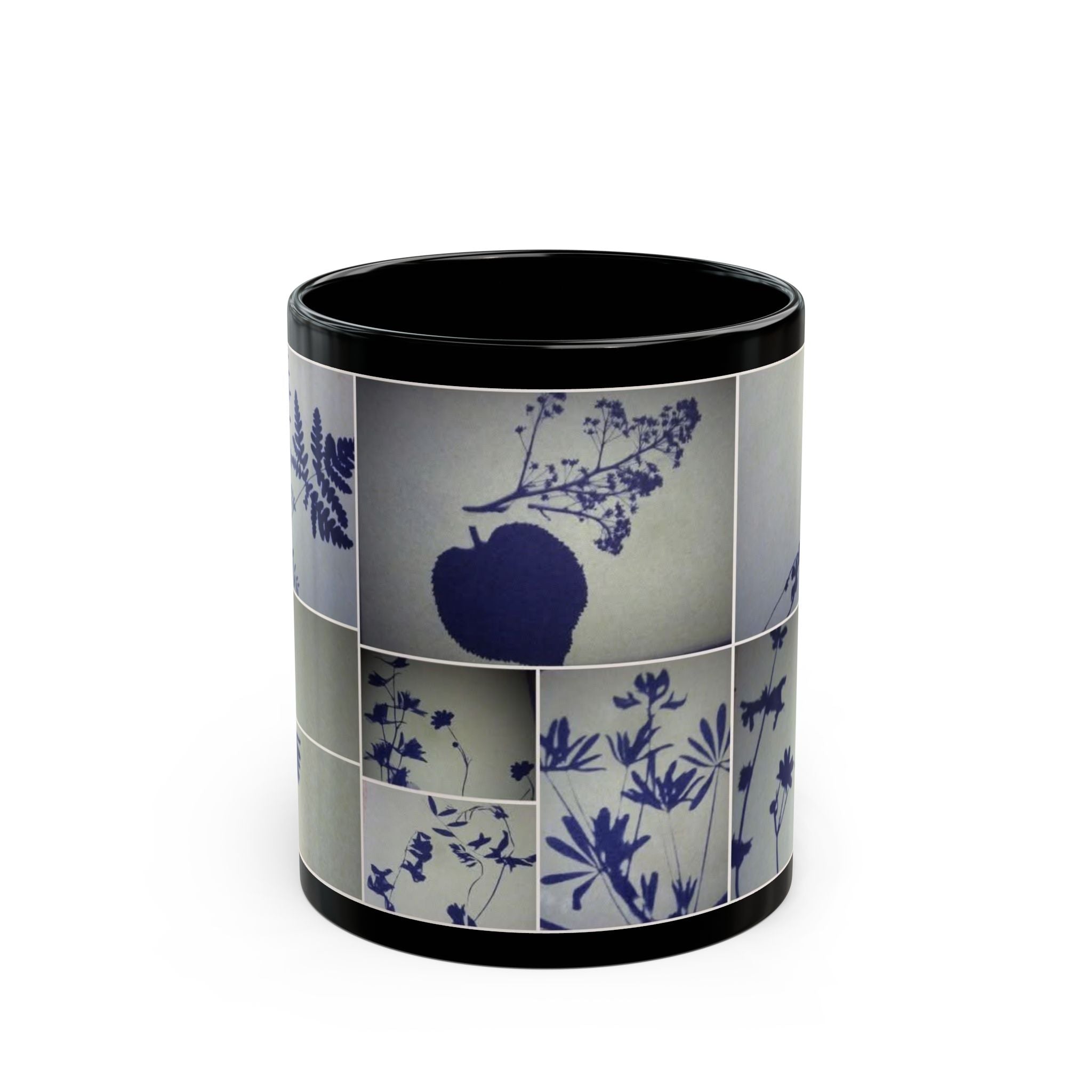 Botanical Shadow Collage Mug — Blue Floral Silhouettes (11oz/15oz)