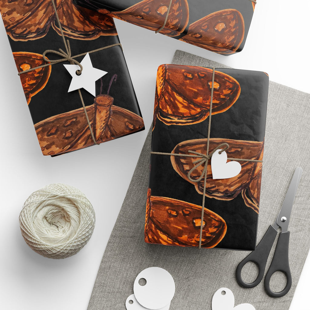 Moth Pattern Wrapping Paper — Vintage Brown Moths on Black Gift Wrap