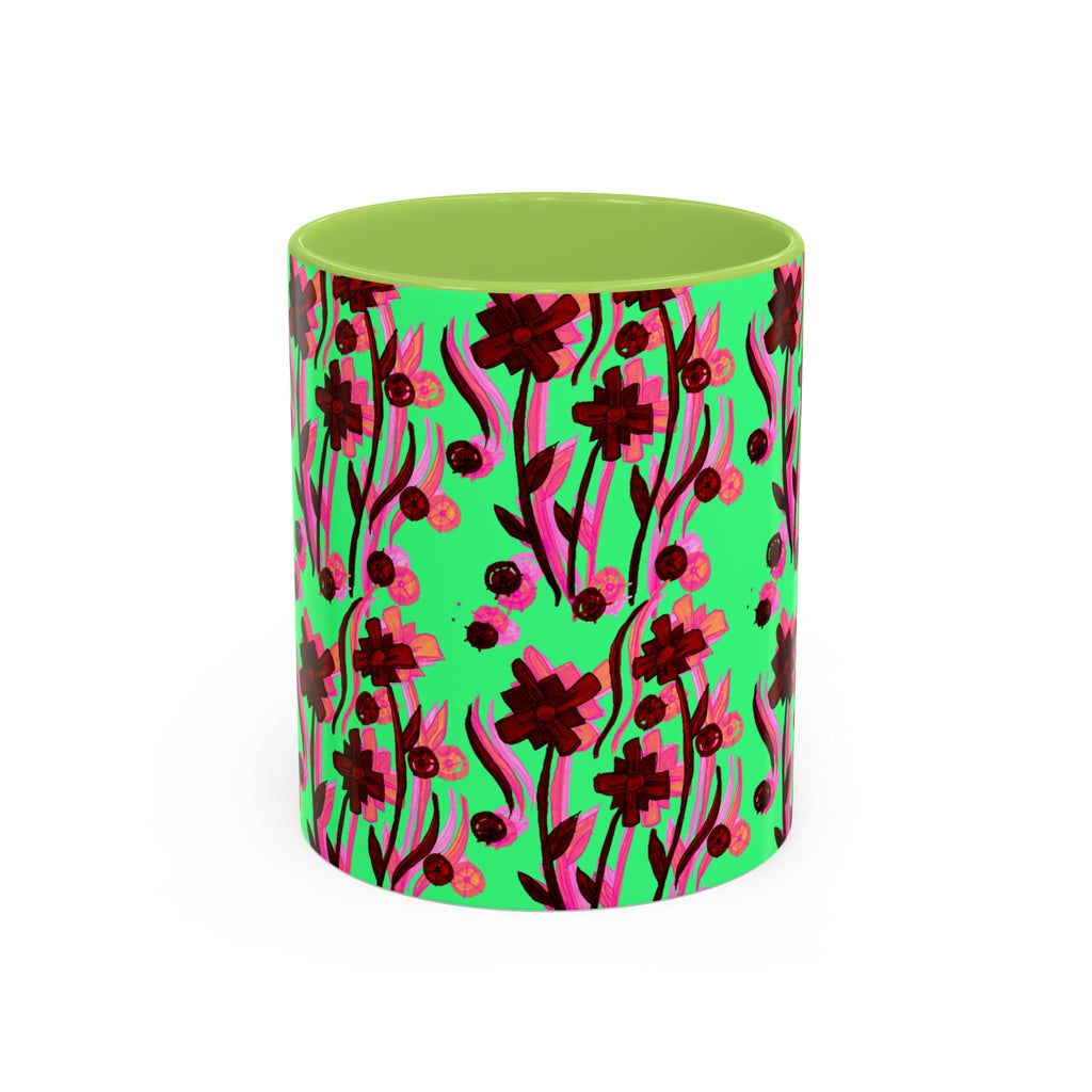 Floral Pop Accent Coffee Mug – Bold Red Flowers on Mint Green (11/15oz)