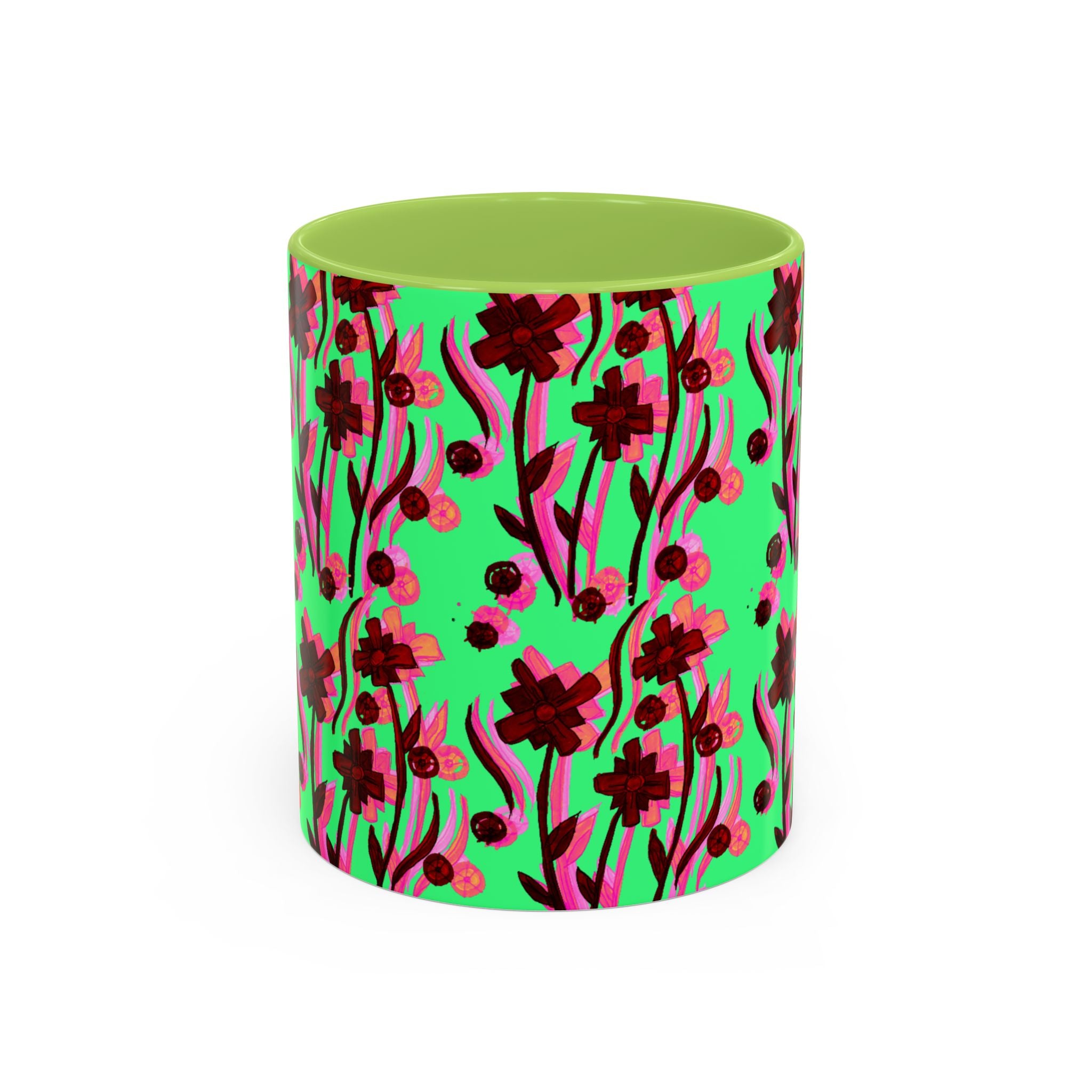 Floral Pop Accent Coffee Mug – Bold Red Flowers on Mint Green (11/15oz)