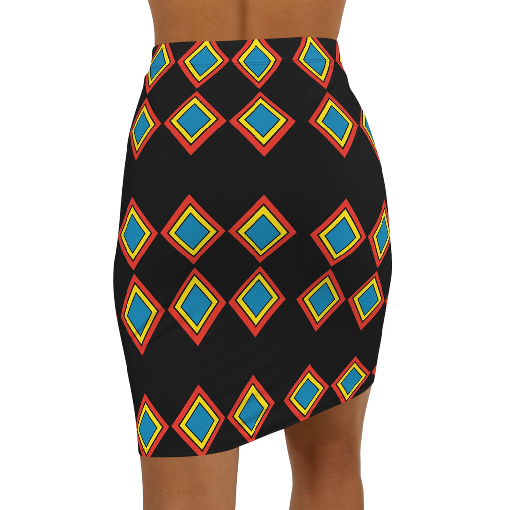 Geometric Diamond Print Pencil Skirt — Bold Black & Multicolor Mid‑Waist
