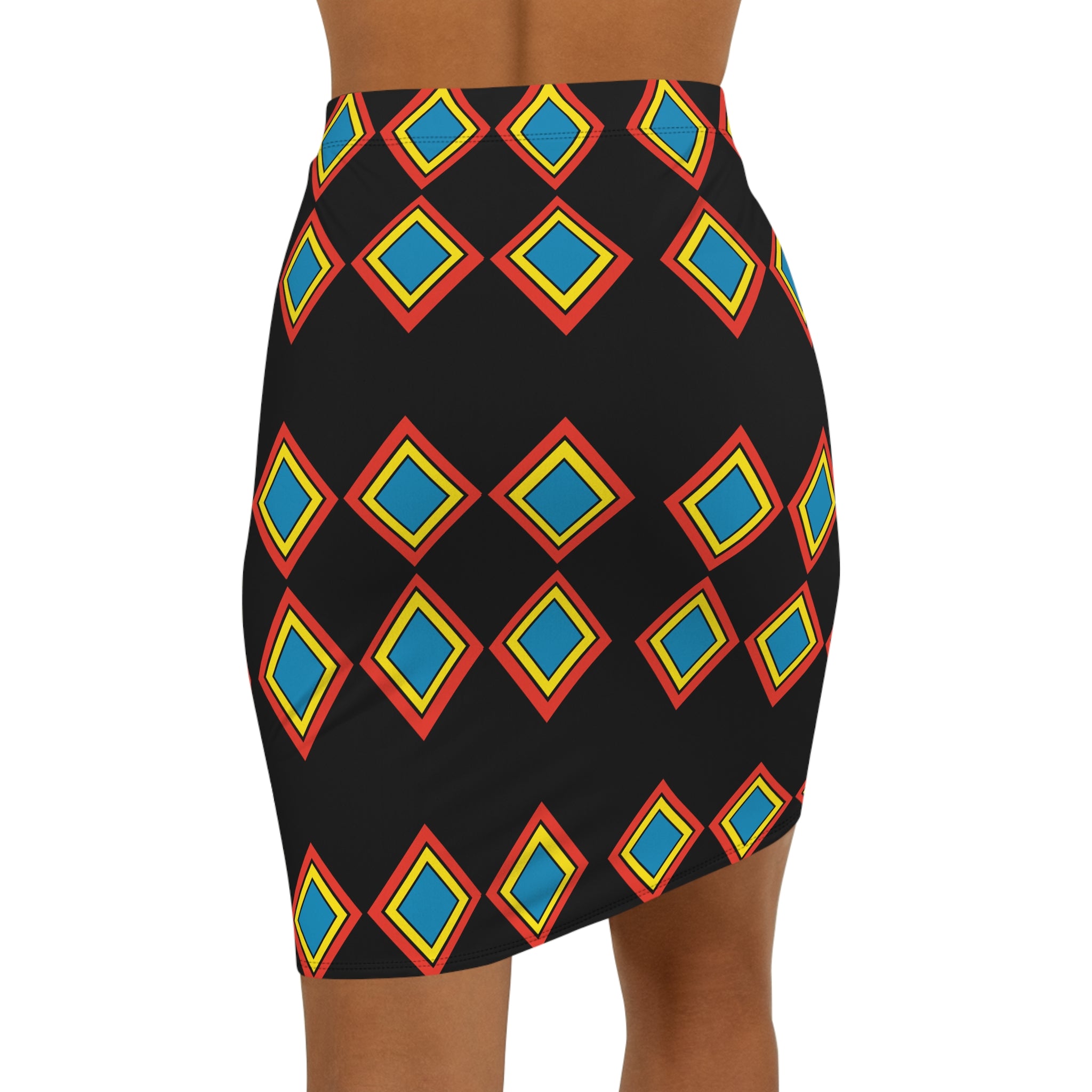 Geometric Diamond Print Pencil Skirt — Bold Black & Multicolor Mid‑Waist