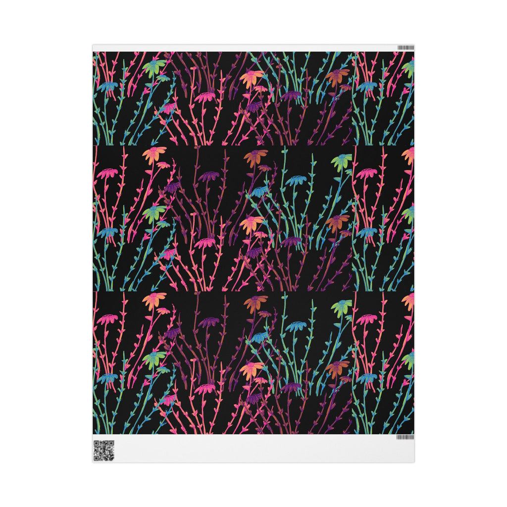 Floral Neon Stems Gift Wrap — Rainbow Wildflower Wrapping Paper on Black