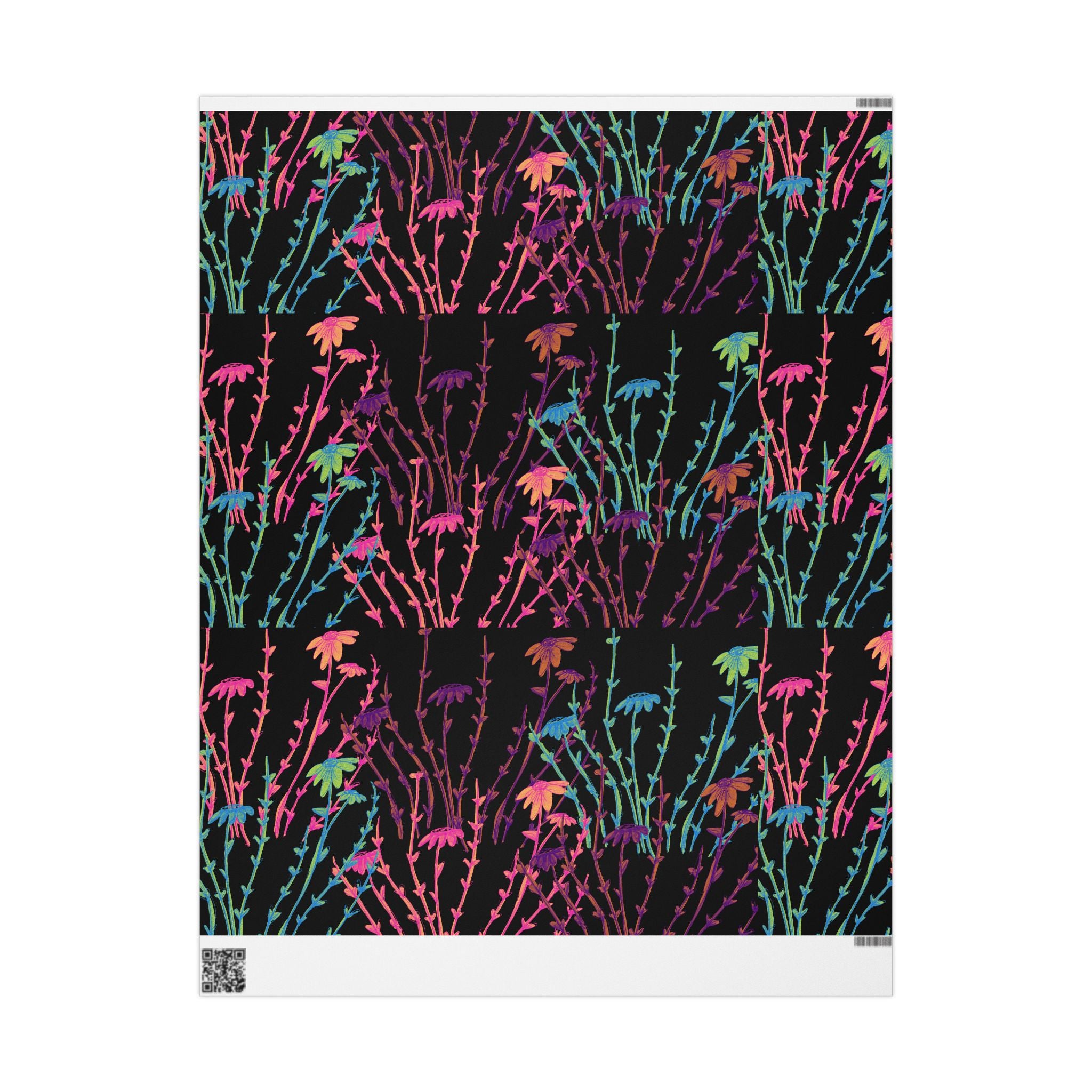 Floral Neon Stems Gift Wrap — Rainbow Wildflower Wrapping Paper on Black