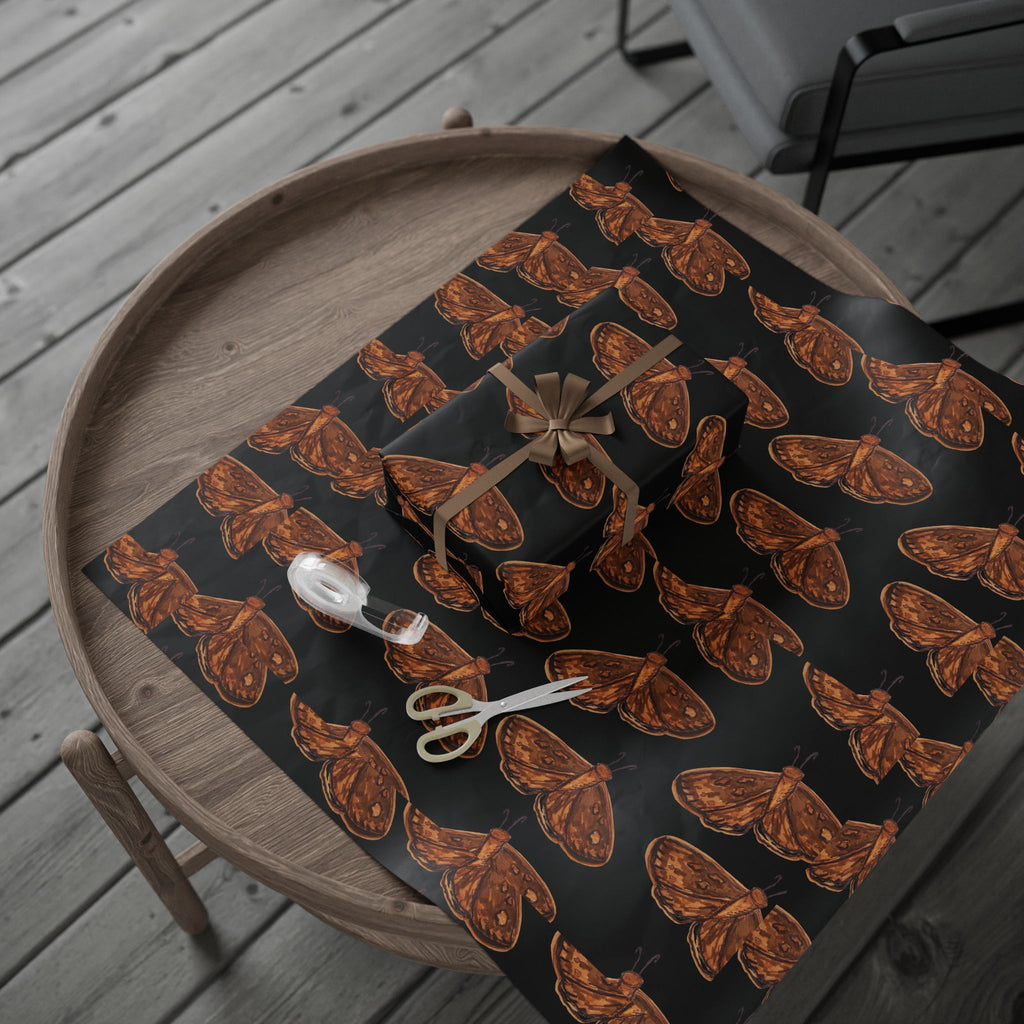 Moth Pattern Wrapping Paper — Vintage Brown Moth Gift Wrap on Black