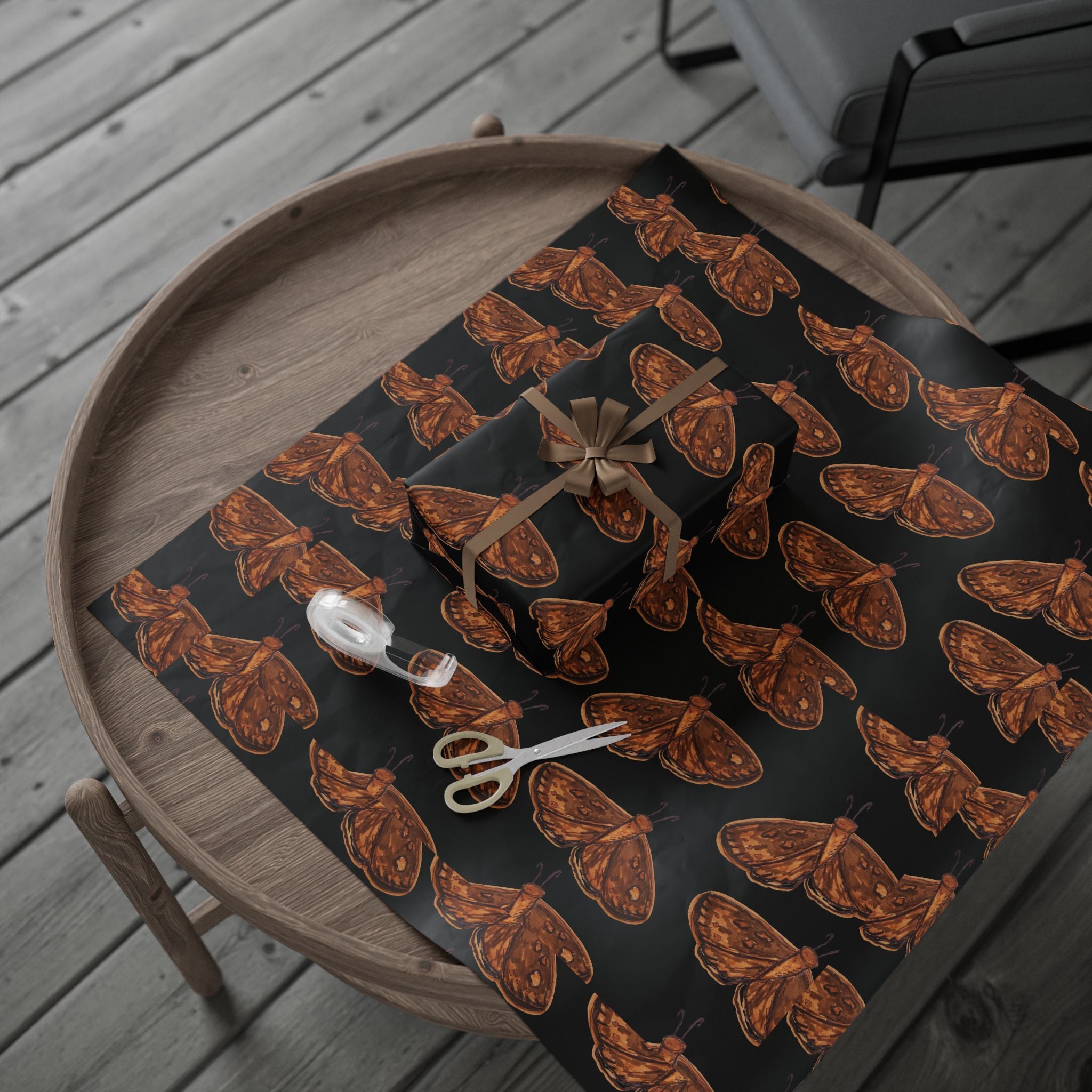 Moth Pattern Wrapping Paper — Vintage Brown Moth Gift Wrap on Black