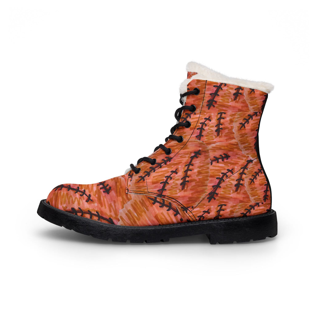 Men's Fur-Lined Leather Boots — Rustic Orange Patterned Winter Combat Boots