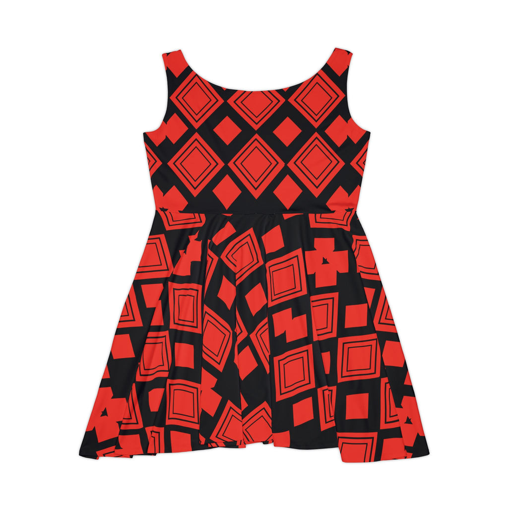 Red Geometric Skater Dress — Bold Diamond & Square Pattern