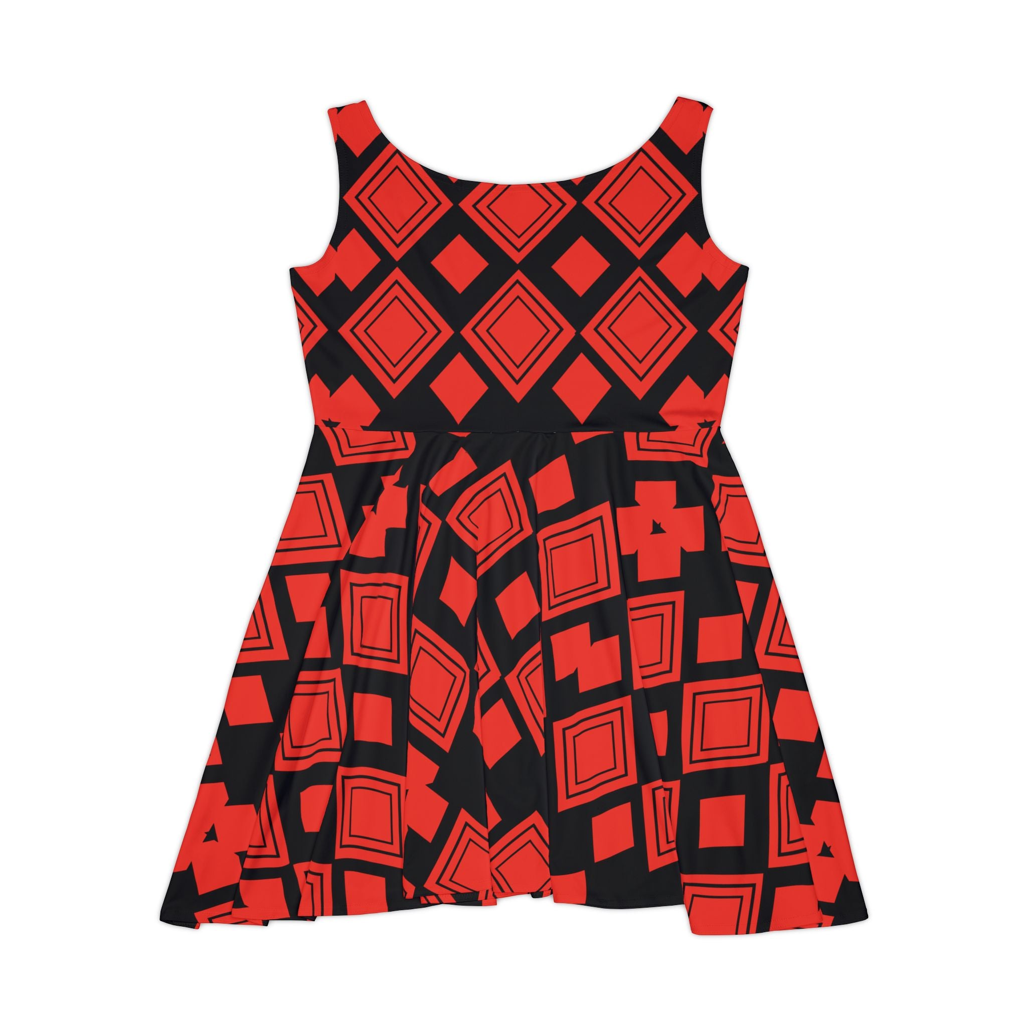 Red Geometric Skater Dress — Bold Diamond & Square Pattern