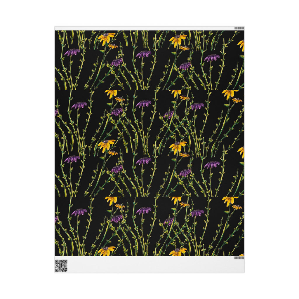 Floral Black Wrapping Paper — Wildflower Pattern Gift Wrap (Yellow & Purple)