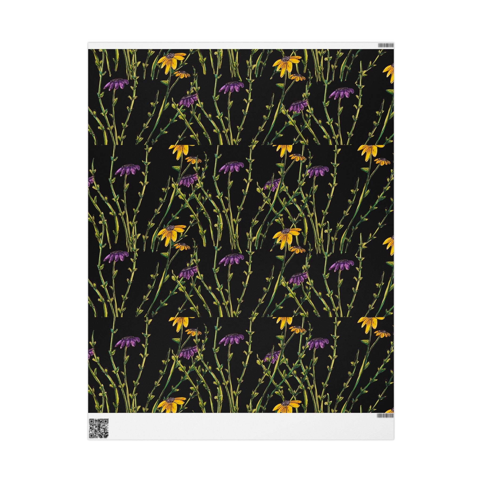 Floral Black Wrapping Paper — Wildflower Pattern Gift Wrap (Yellow & Purple)
