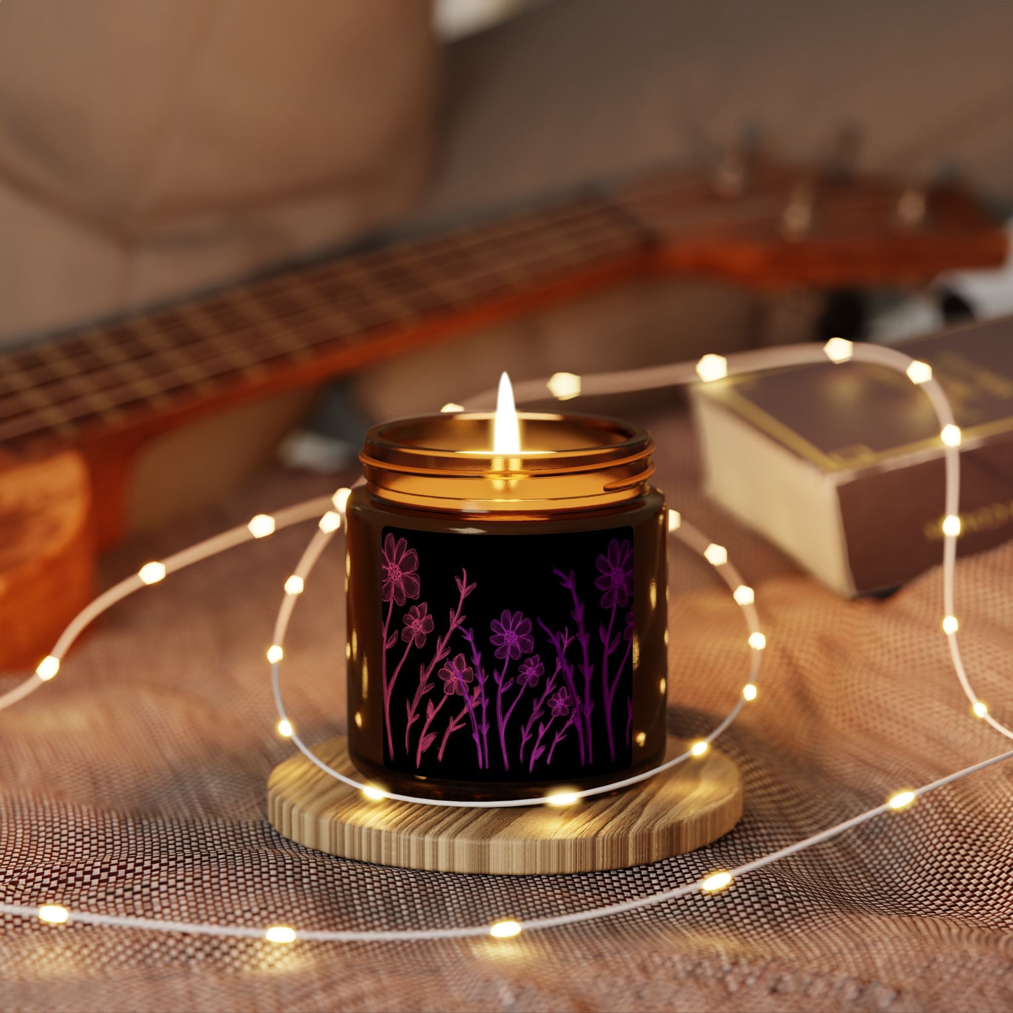Soy Candle — Amber Jar with Purple Floral Silhouette (Scented, Multi-Size)