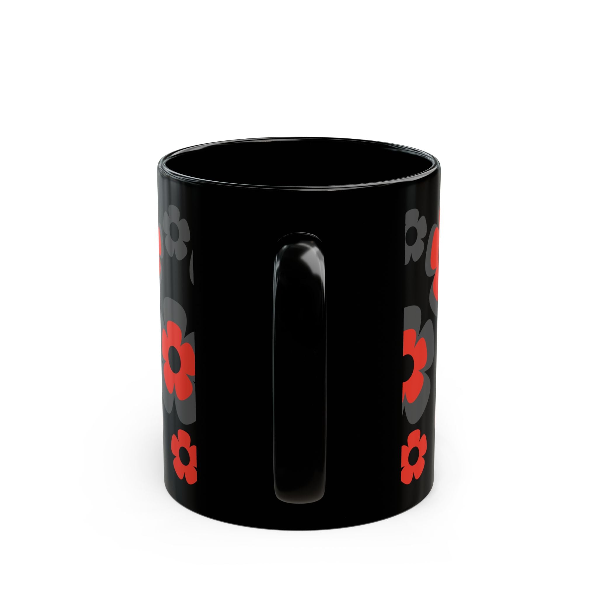 Black Floral Mug — Retro Red & Gray Flower Pattern Coffee Cup (11oz/15oz)