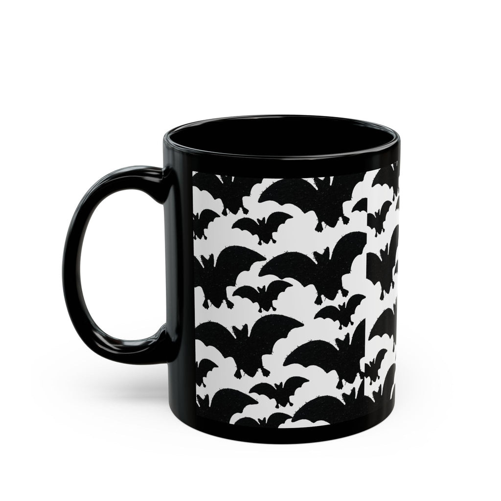 Halloween Bat Pattern Mug — Black Ceramic Coffee Cup (11oz/15oz)