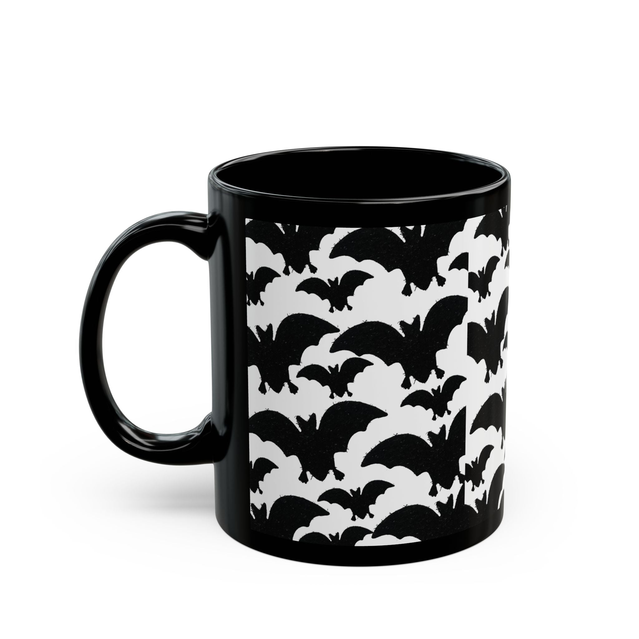 Halloween Bat Pattern Mug — Black Ceramic Coffee Cup (11oz/15oz)