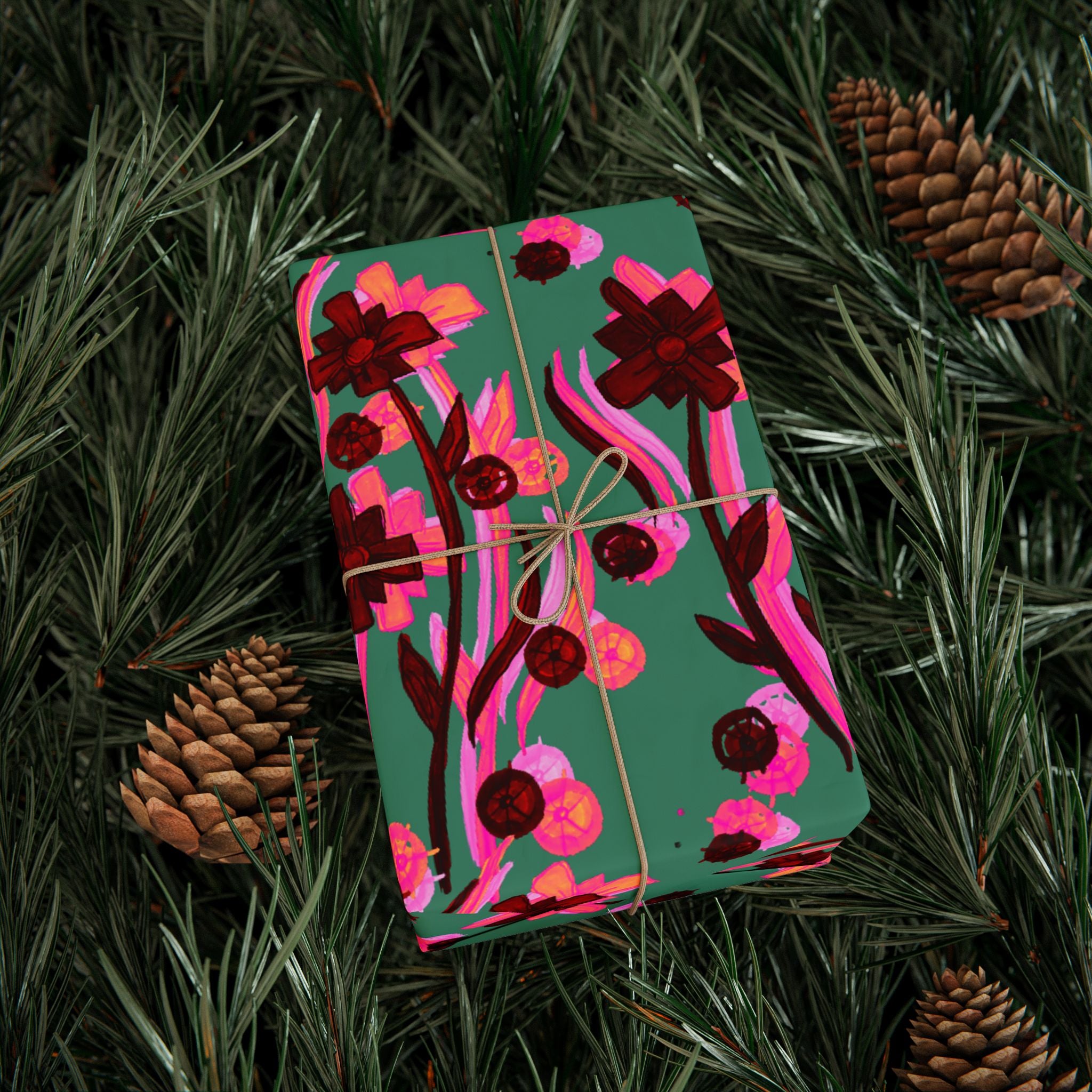 Green Floral Wrapping Paper — Pink Red Bloom Gift Wrap Roll