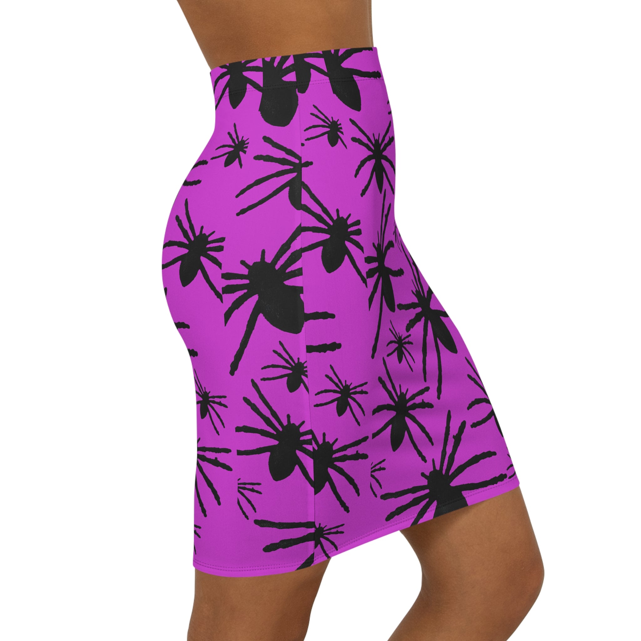 Spider Print Pencil Skirt — Purple Halloween AOP Midi