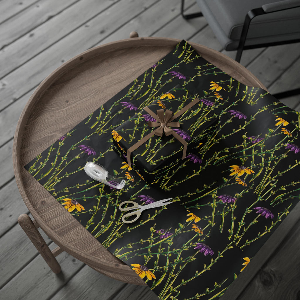 Floral Black Wrapping Paper — Wildflower Pattern Gift Wrap (Yellow & Purple)
