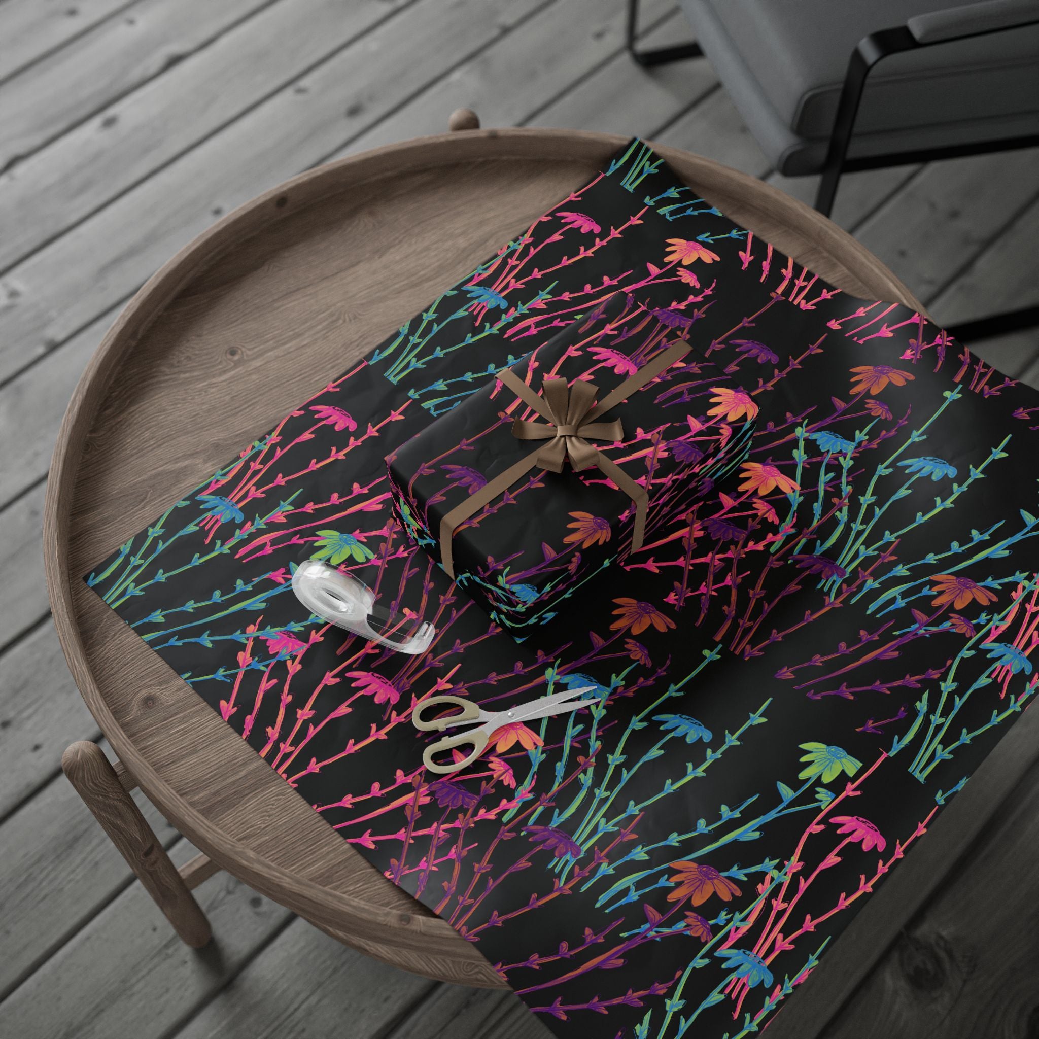 Floral Neon Stems Gift Wrap — Rainbow Wildflower Wrapping Paper on Black