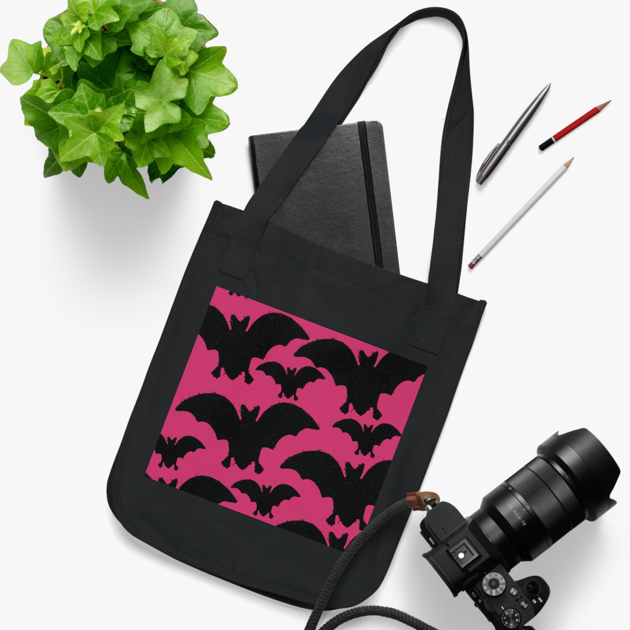 Bat Pattern Tote Bag — Pink & Black Halloween Canvas Tote