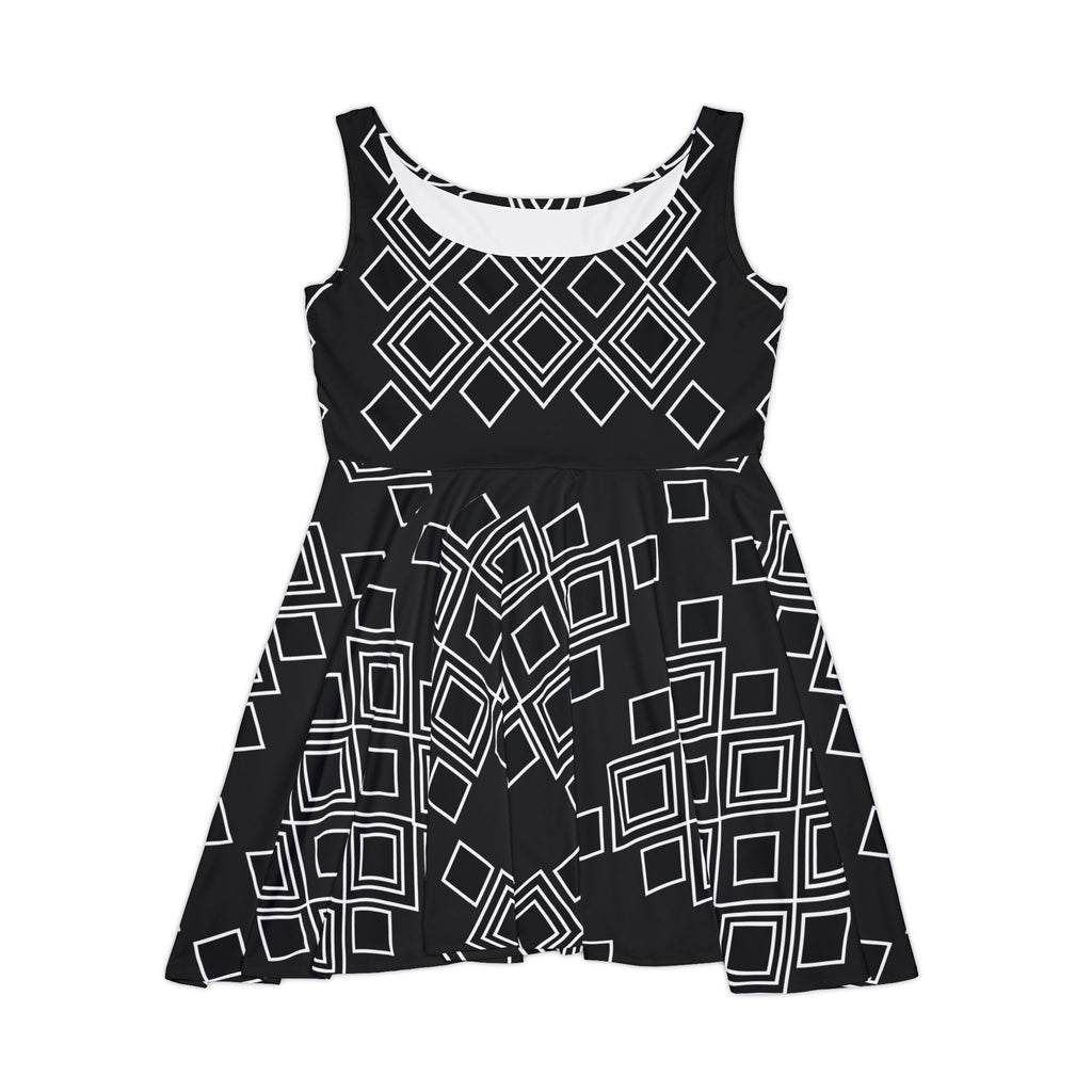 Black Geometric Skater Dress – Retro Diamond Pattern AOP