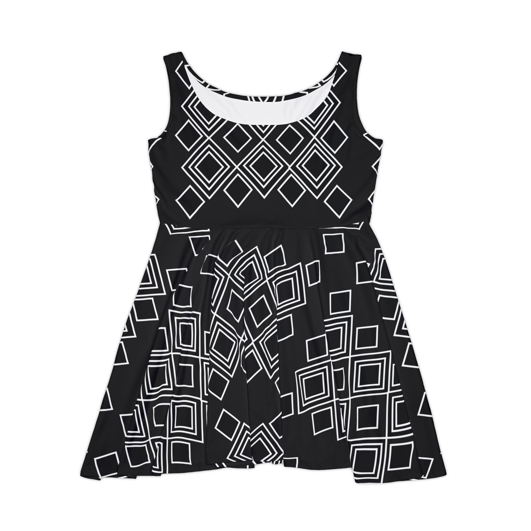Black Geometric Skater Dress – Retro Diamond Pattern AOP