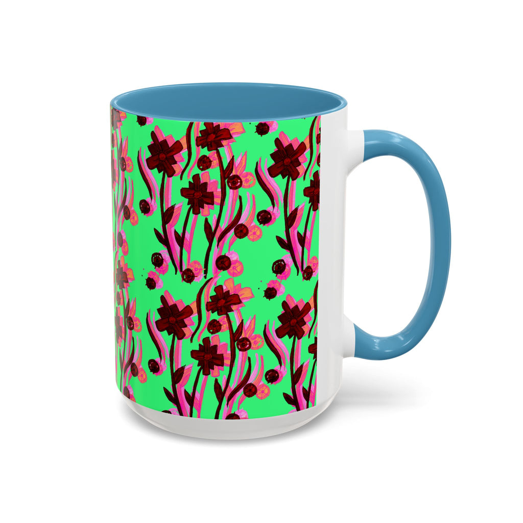 Floral Pop Accent Coffee Mug – Bold Red Flowers on Mint Green (11/15oz)