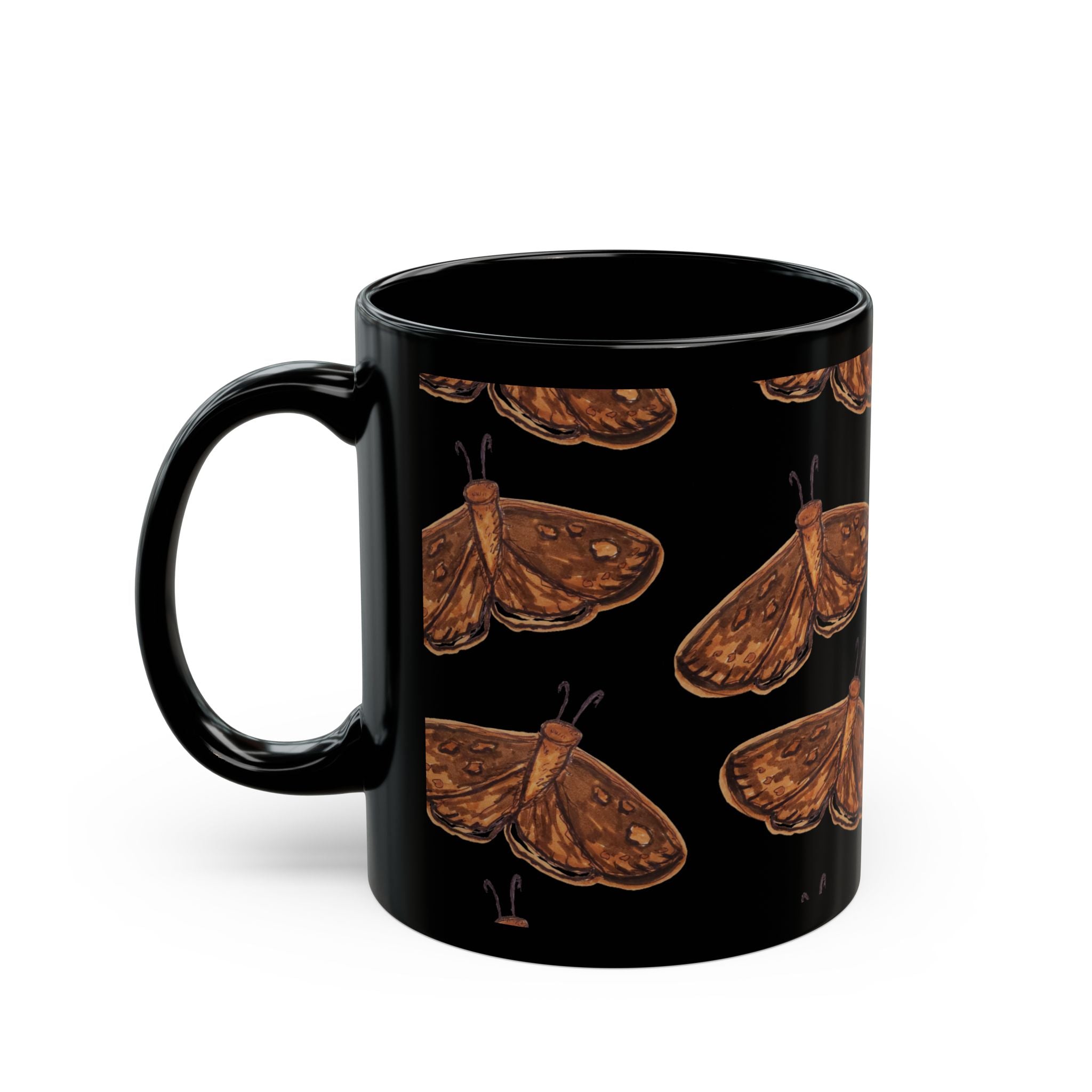 Moth Pattern Black Coffee Mug — Rustic Brown Moth Repeat Design (11oz & 15oz)
