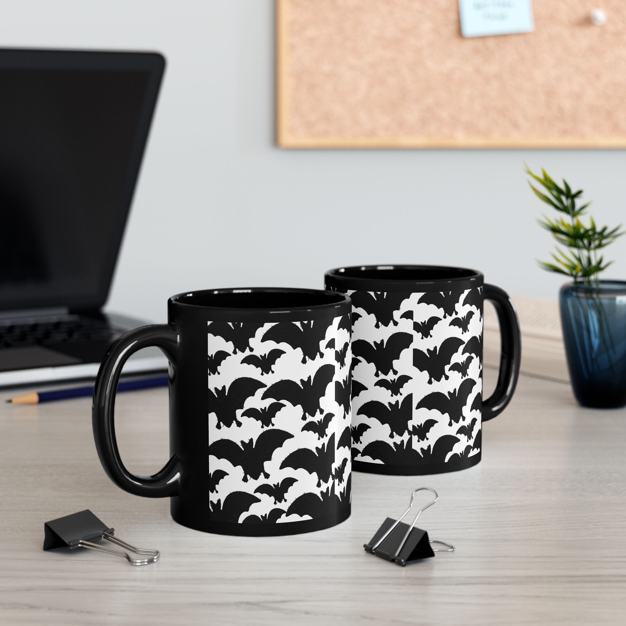 Halloween Bat Pattern Mug — Black Ceramic Coffee Cup (11oz/15oz)