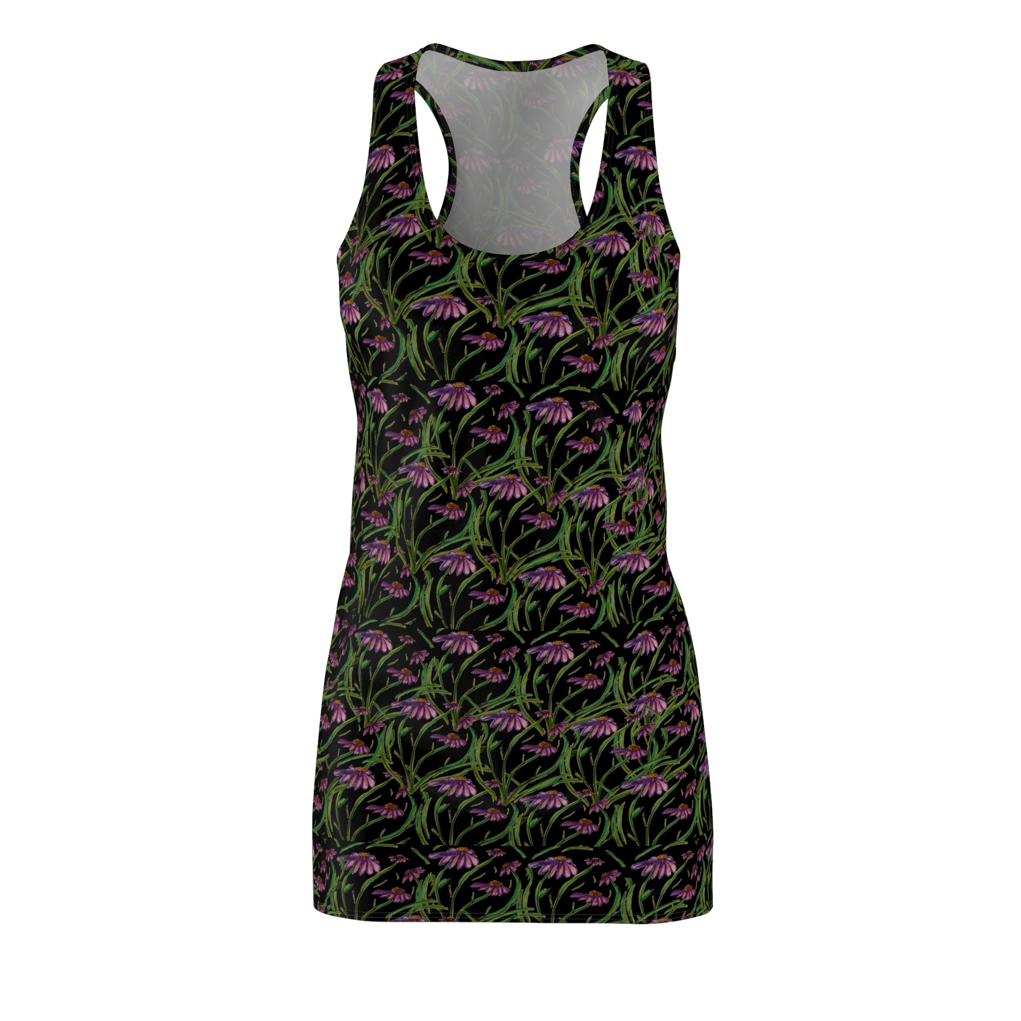 Floral Night Garden Racerback Dress — All-Over Print Botanical Bodycon